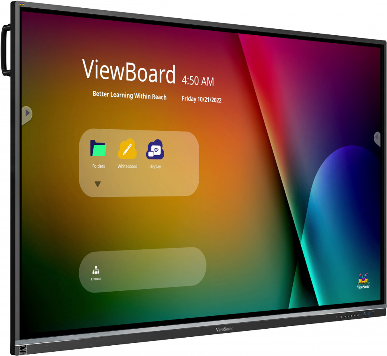 Lavagna interattiva di grandi dimensioni con interfaccia digitale che mostra icone e ora. Lo schermo è incorniciato di nero.