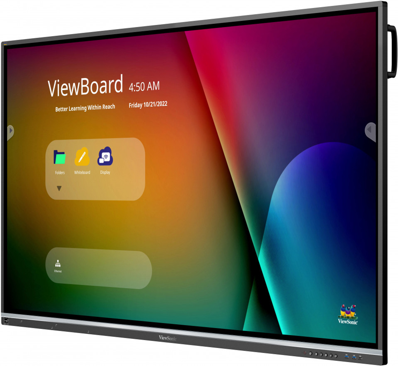 Schermo ViewBoard con ora, data e icone per cartelle, lavagna e display.