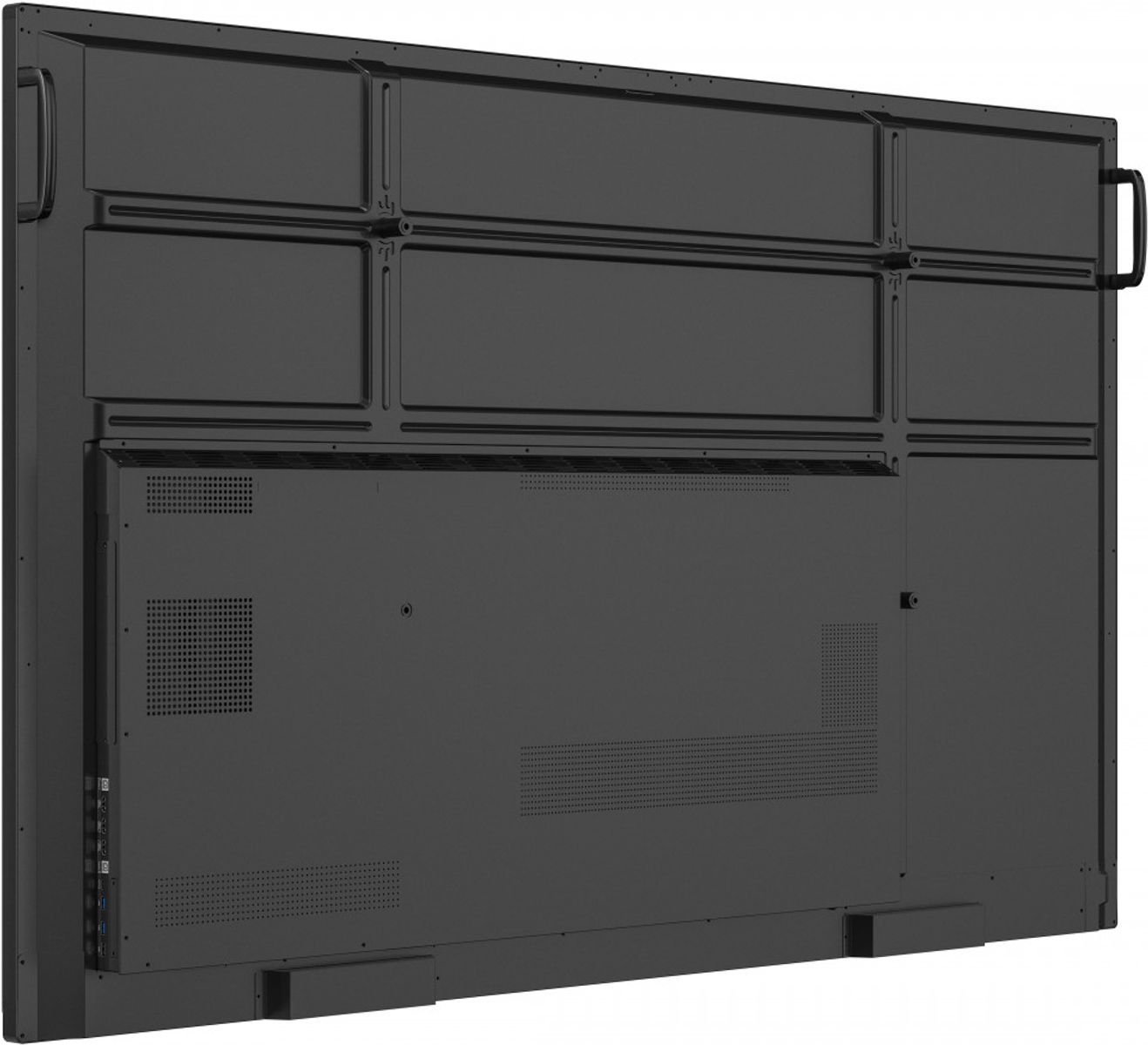 Retro di un grande display interattivo nero, con porte e maniglie. Lo schermo è vuoto.