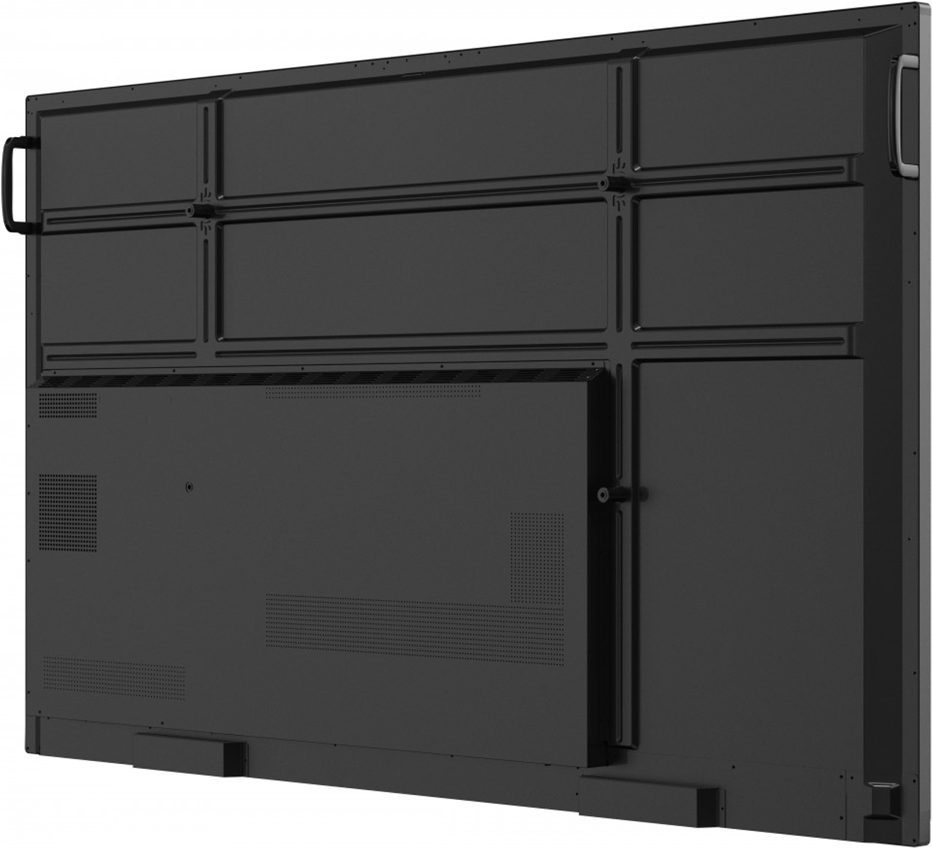 Vista posteriore di una grande lavagna interattiva nera, che mostra l'hardware di montaggio e i pannelli di accesso.