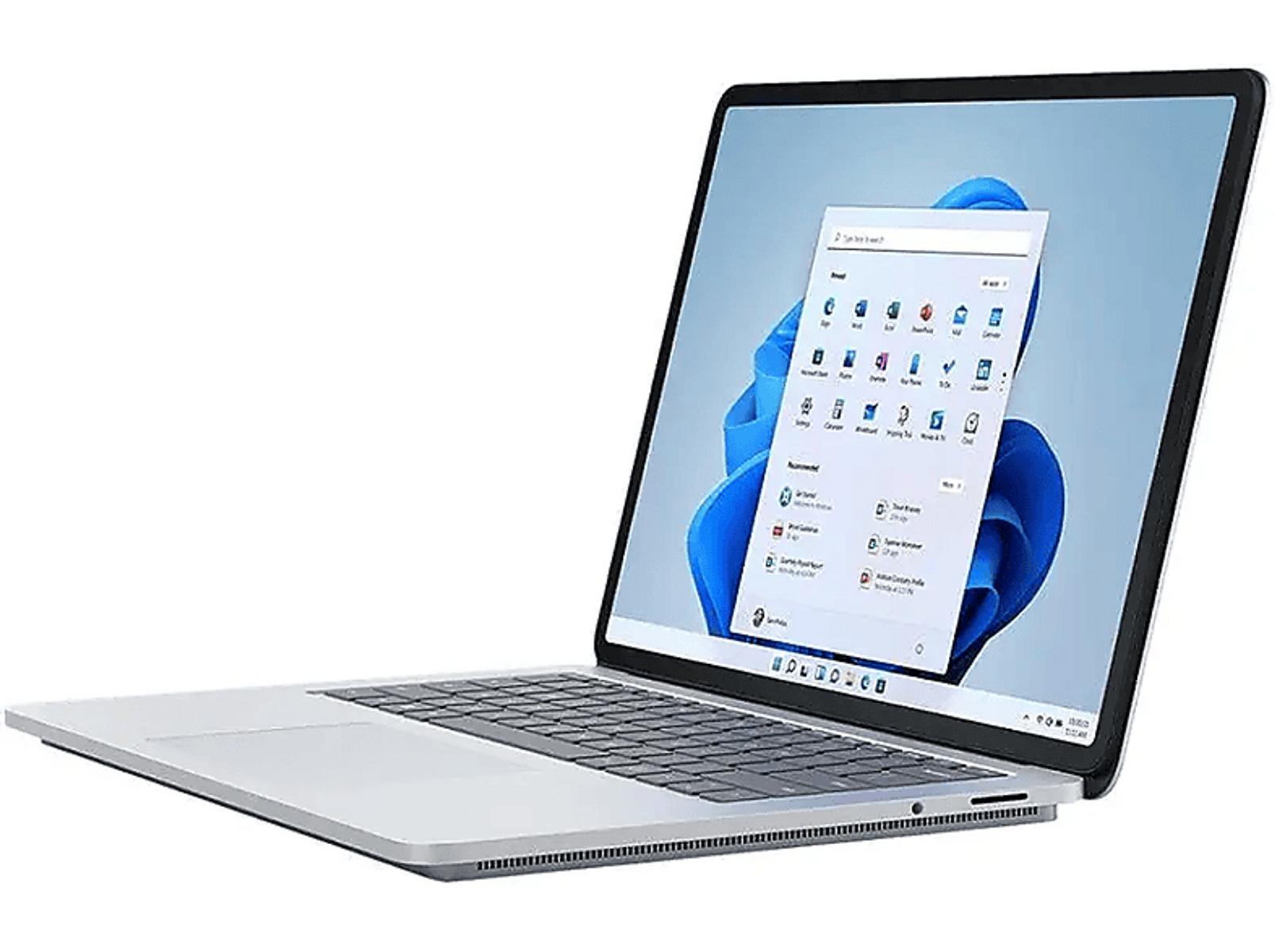 Silberner Laptop mit offenem Bildschirm, der die Windows 11 Oberfläche zeigt.