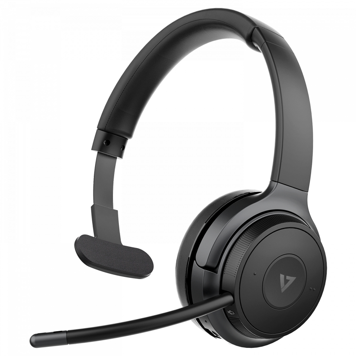 Auriculares inalámbricos negros con micrófono. Está sobre un fondo blanco.