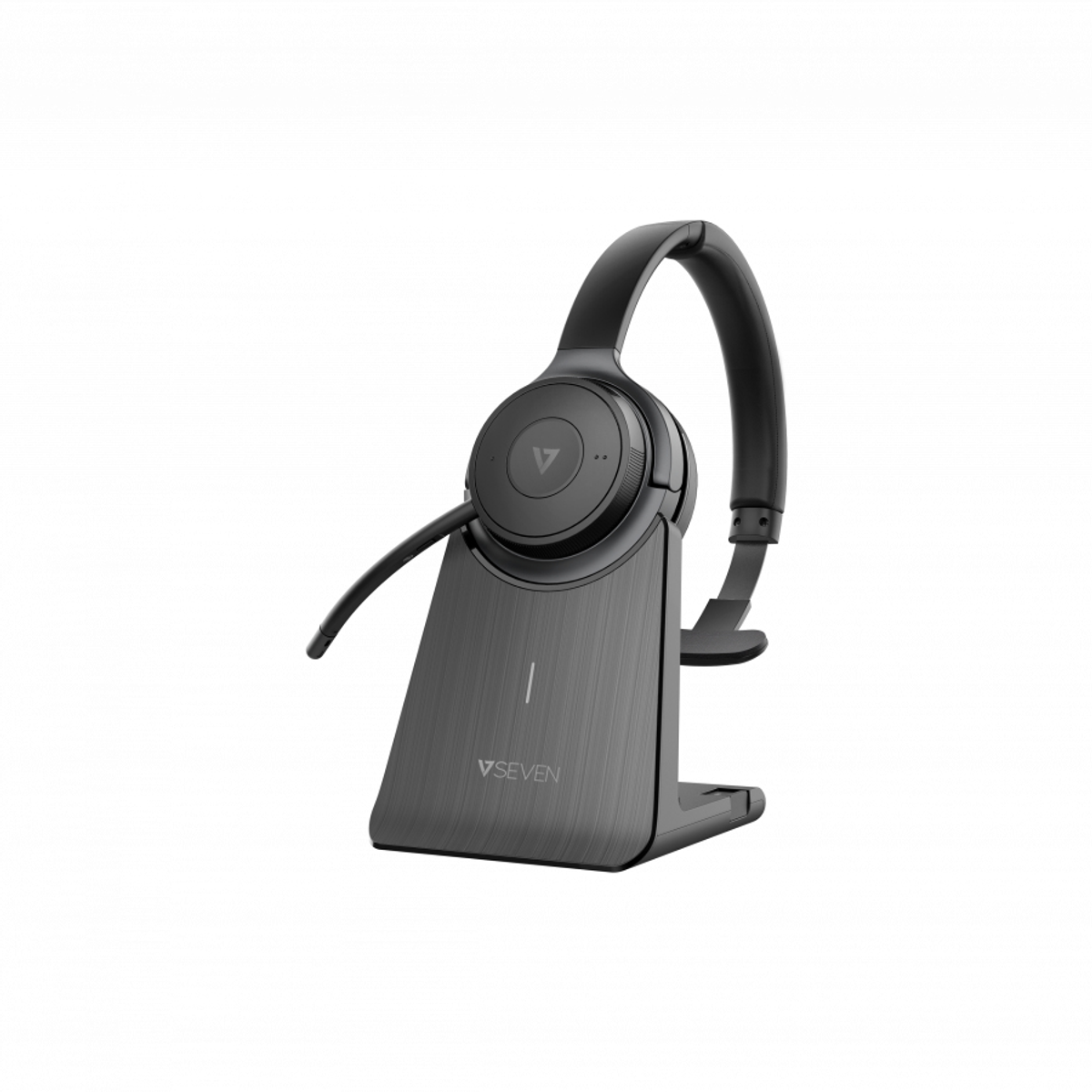 Auriculares VSeven negros y base de carga sobre fondo blanco.