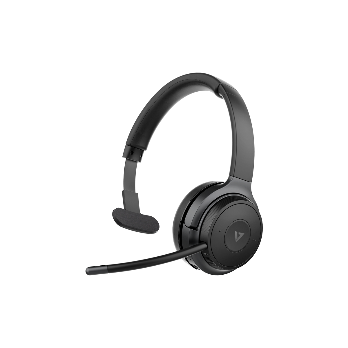Auriculares negros con micrófono. La diadema y la orejera son negras. El micrófono se extiende.