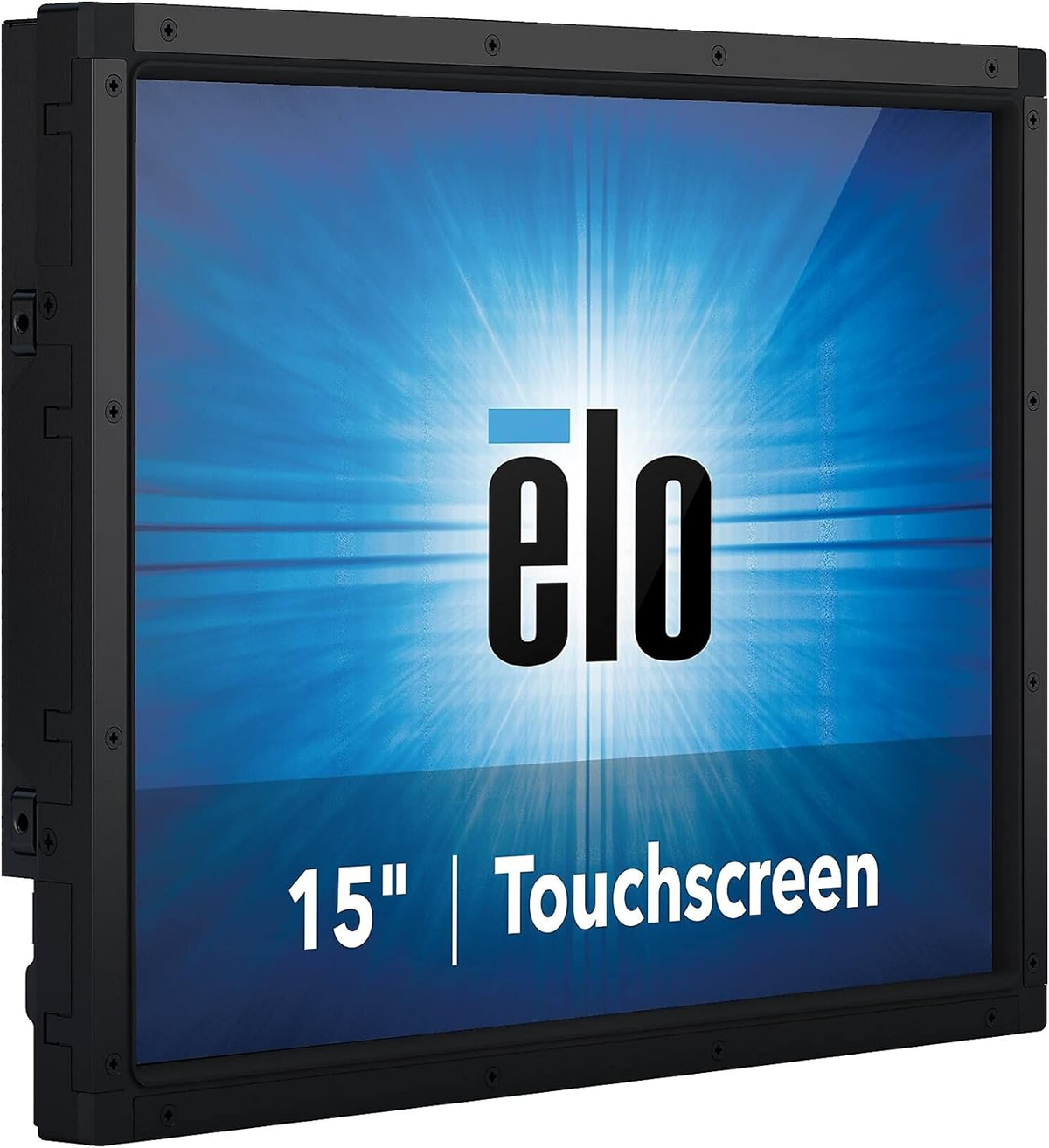 Ein schwarzer 15-Zoll-Touchscreen-Monitor mit dem Logo "elo" auf blauem Hintergrund.