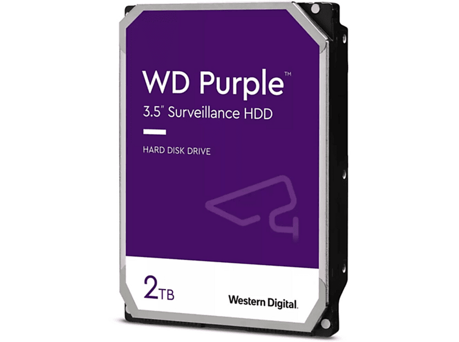 WD Purple 2TB 3,5" Überwachungs-HDD in einem lila-schwarzen Gehäuse. Text Festplatte.