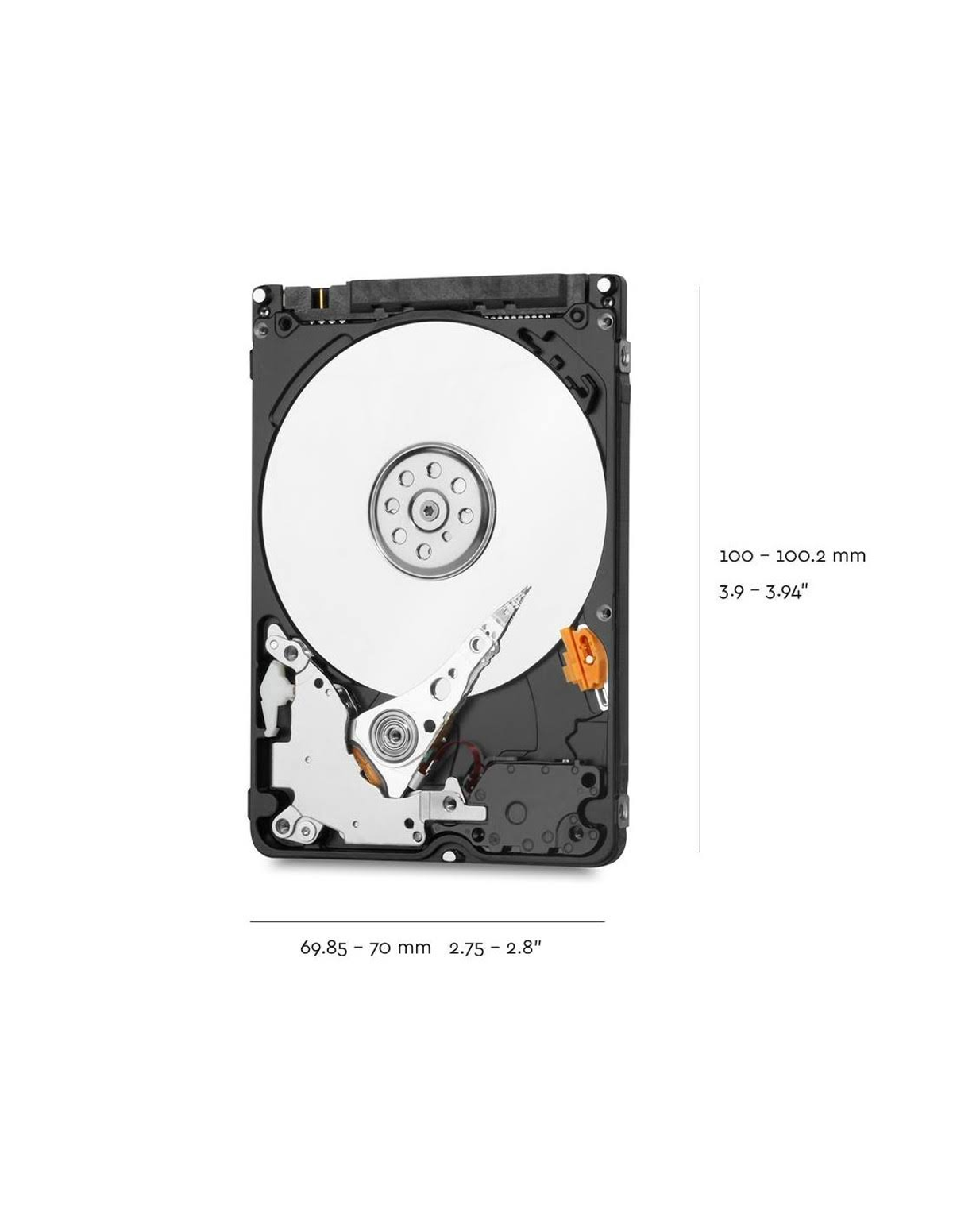 Dysk twardy, otwarty, z wewnętrznymi komponentami i wymiarami.