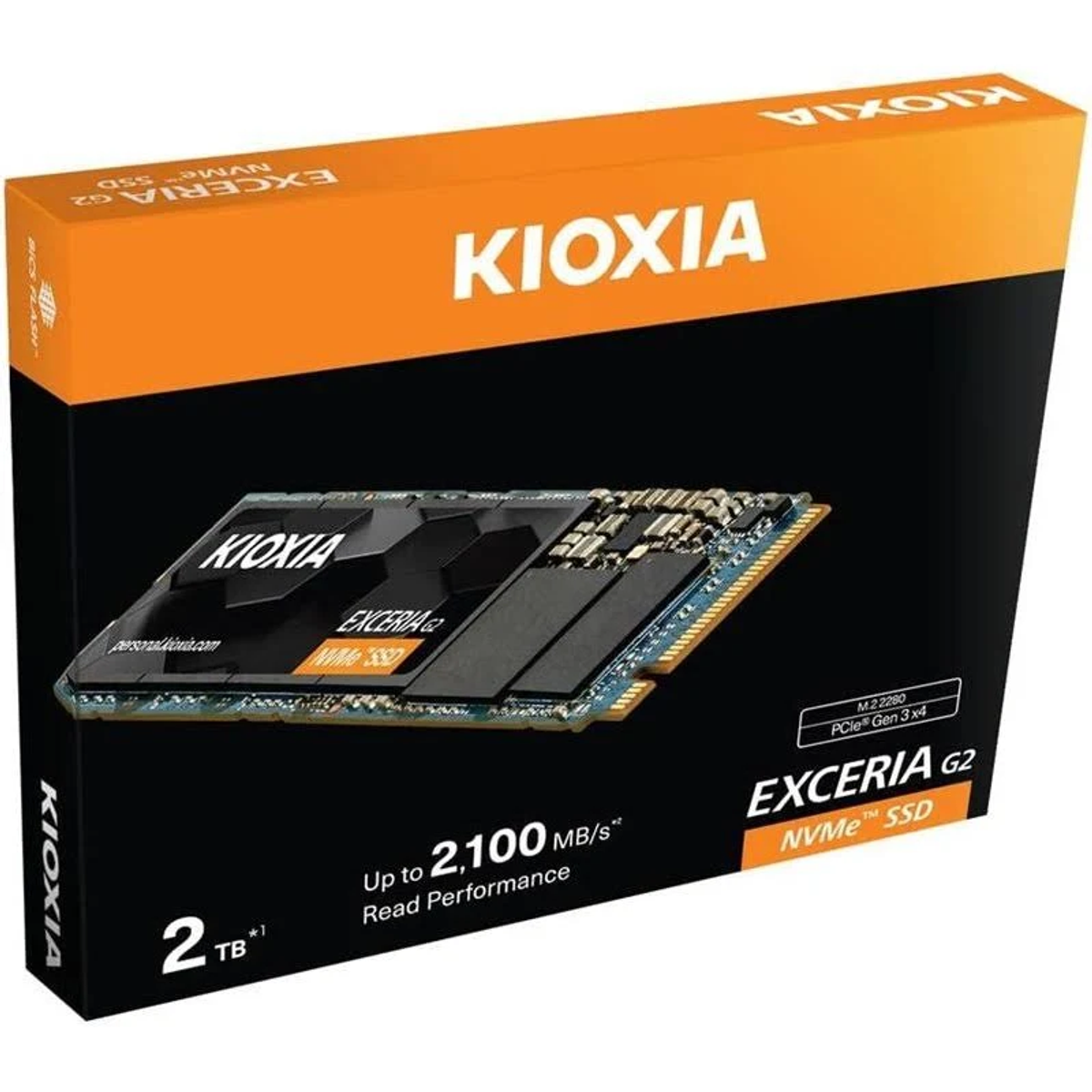 Pudełko KIOXIA EXCERIA G2 NVMe SSD ze szczegółami produktu. Jest pomarańczowe i czarne.