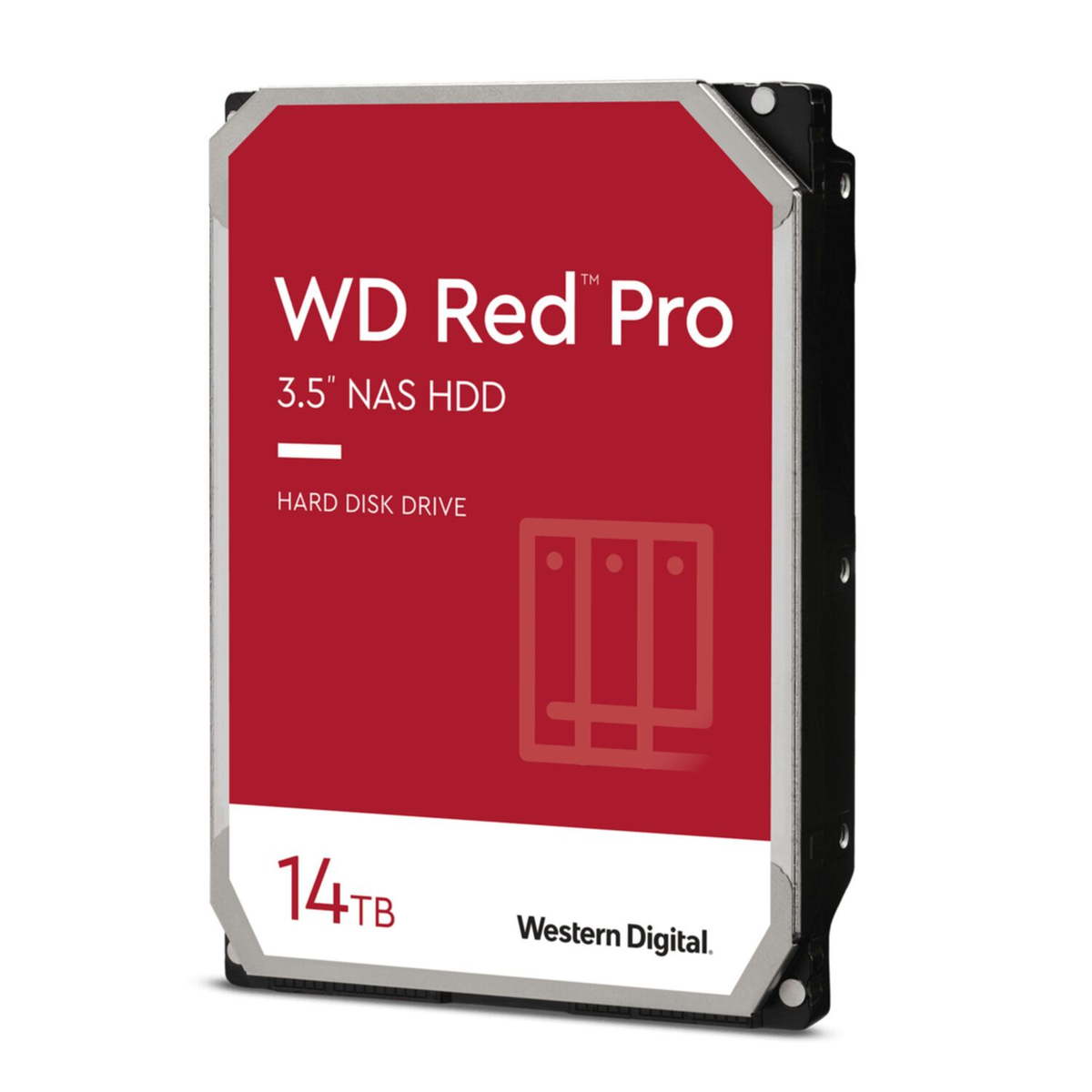 Een rode WD Red Pro 3,5" NAS HDD. Het heeft een wit label met tekst en een zilveren frame.