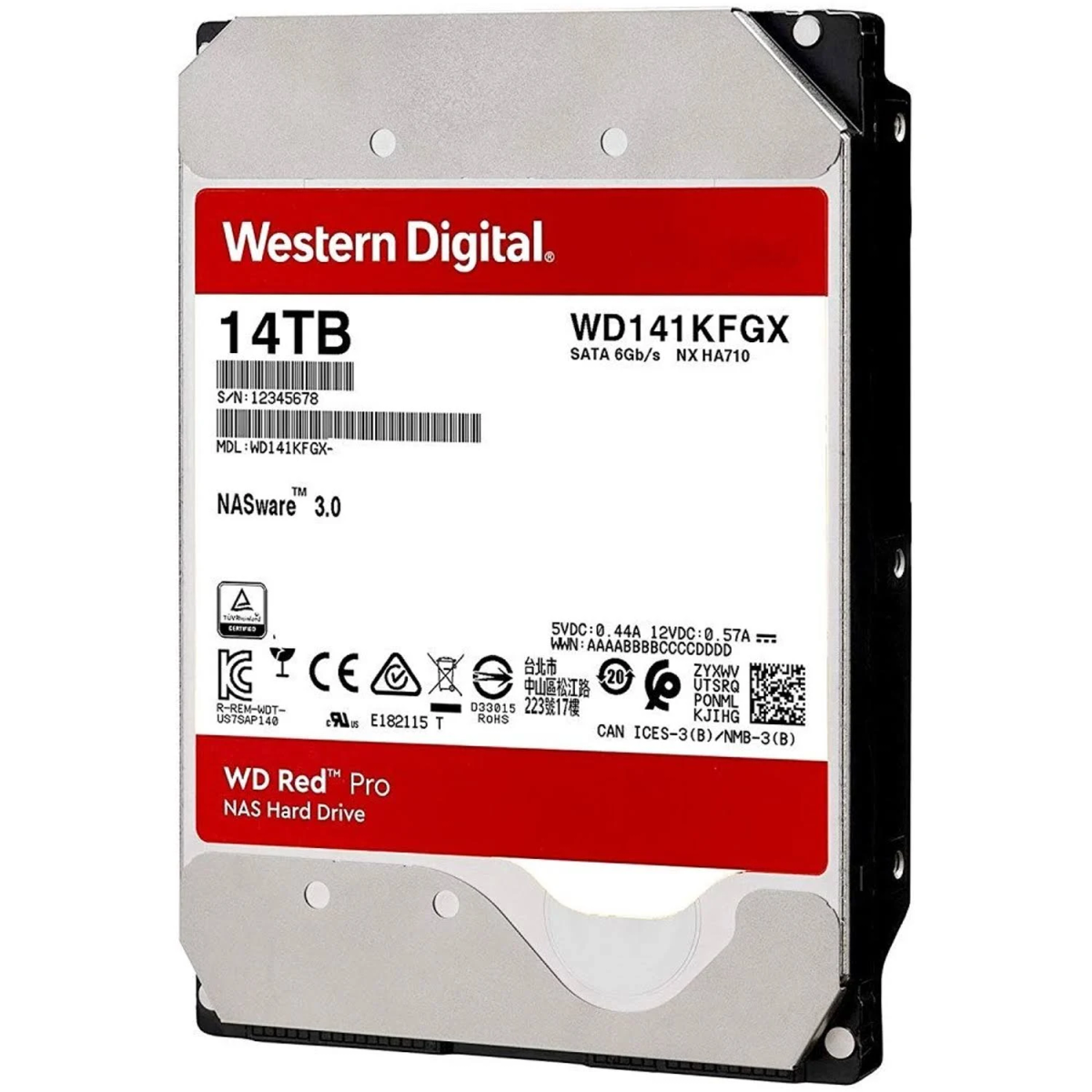 Un disque dur Western Digital 14 To noir et rouge. Les étiquettes incluent WD Red Pro et NASware 3.0.