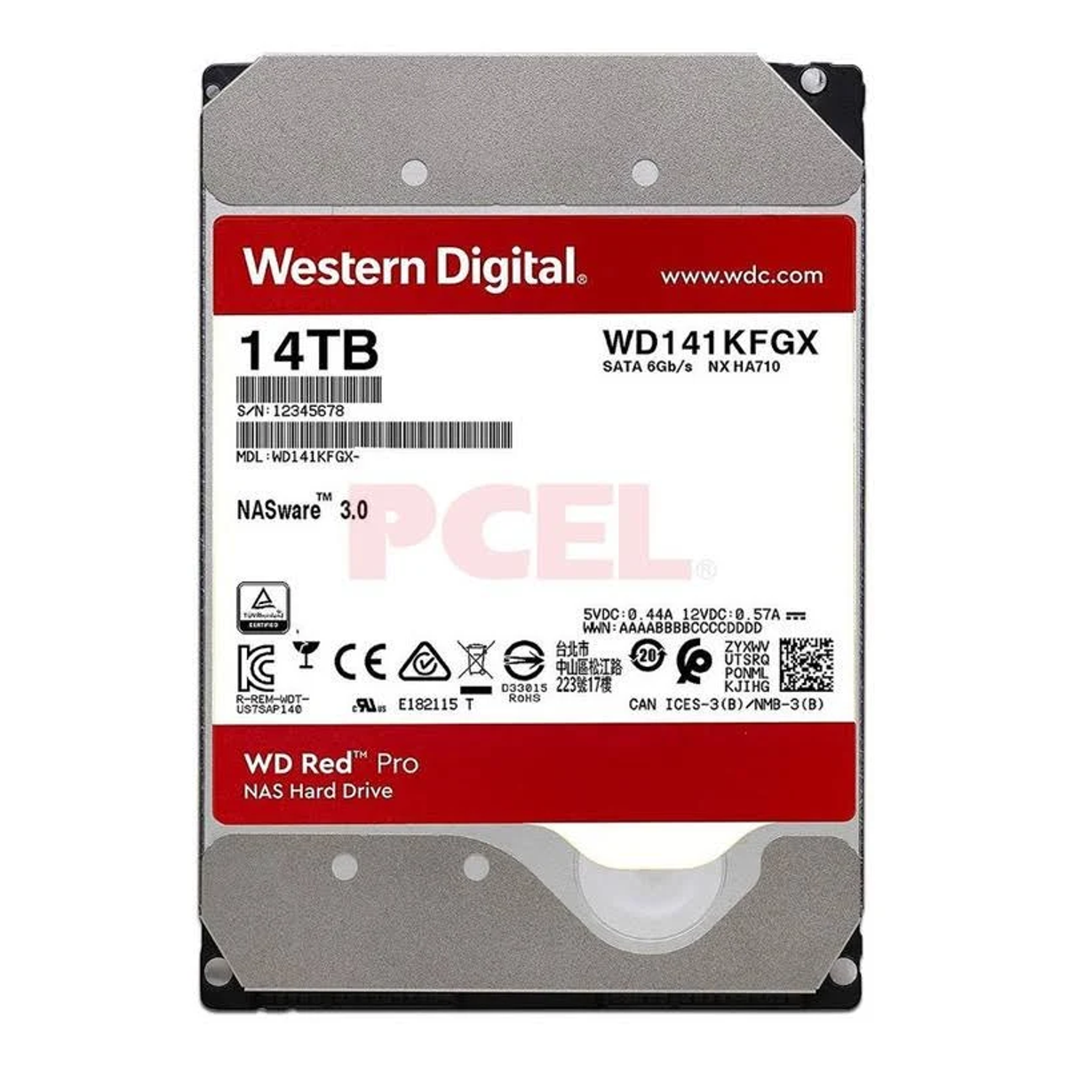 Een Western Digital 14TB harde schijf, met labels, serienummer en productinformatie.