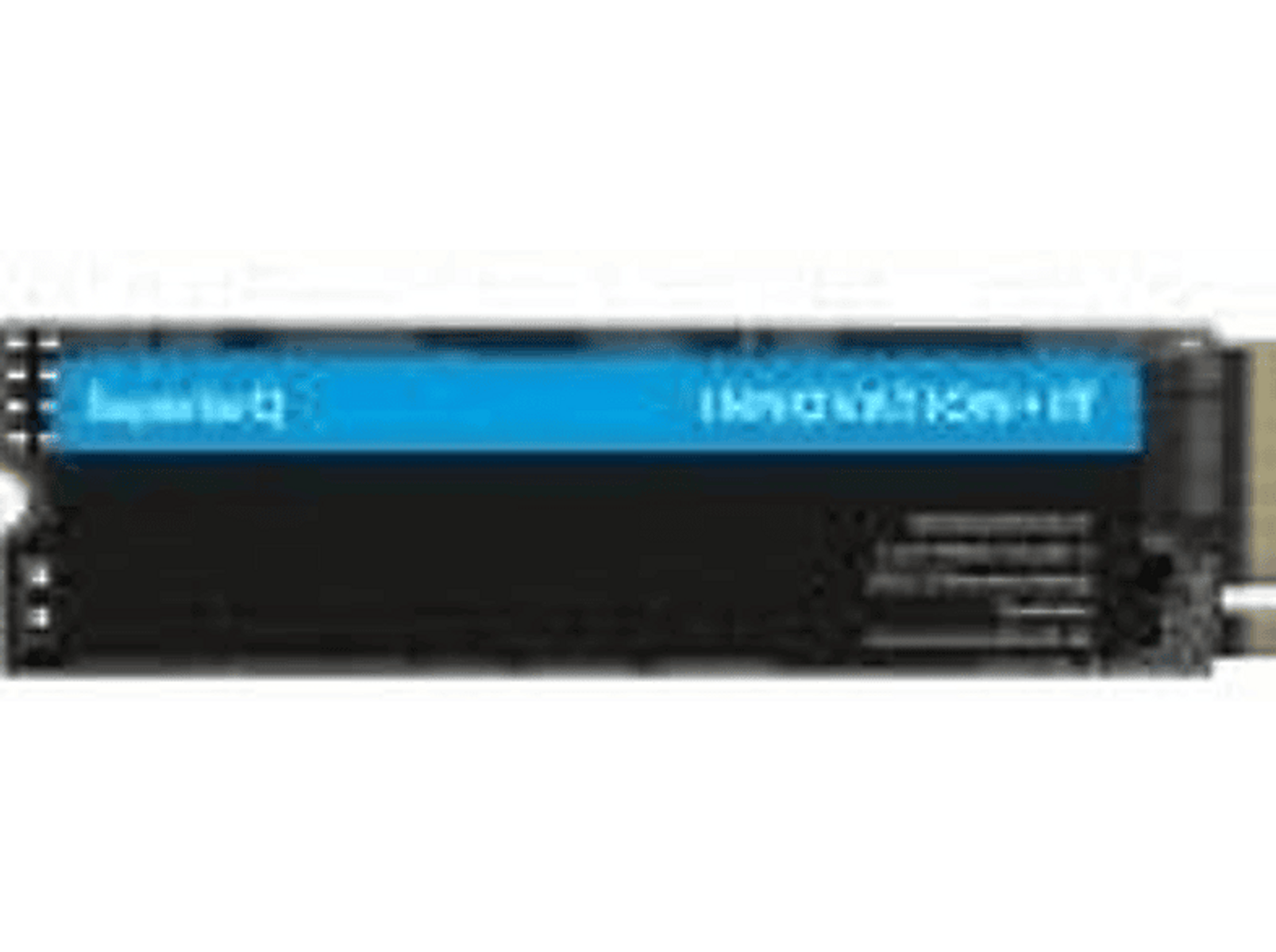 Czarne i niebieskie urządzenie pamięci masowej z etykietami na czarnym tle.