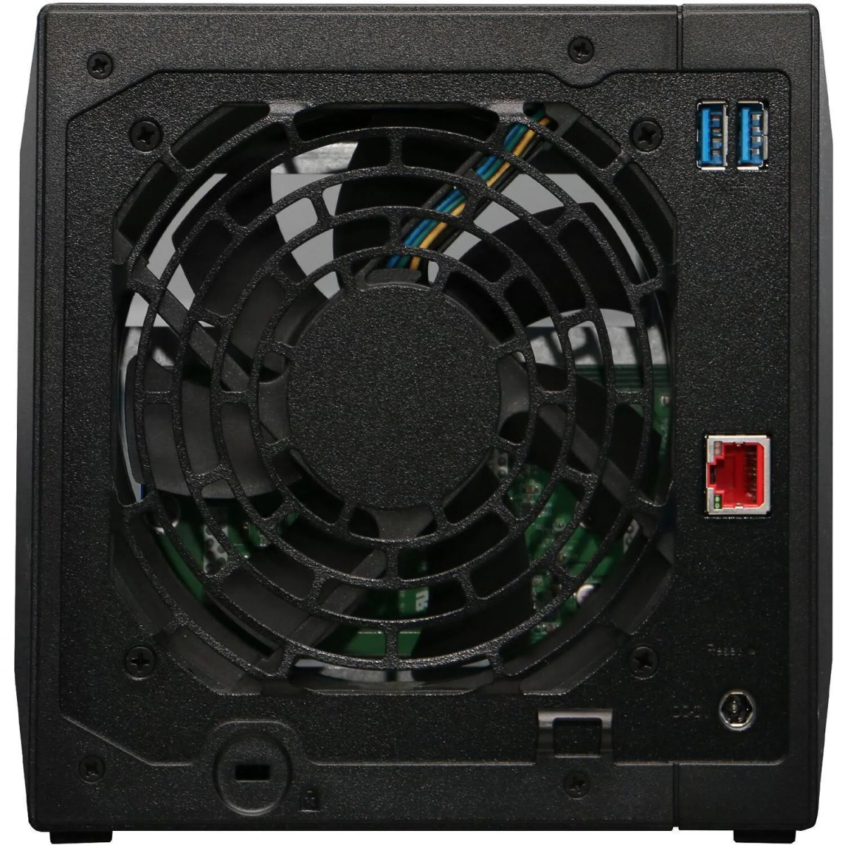 Vista trasera de un servidor NAS Asustor negro con ventilador y puertos visibles.
