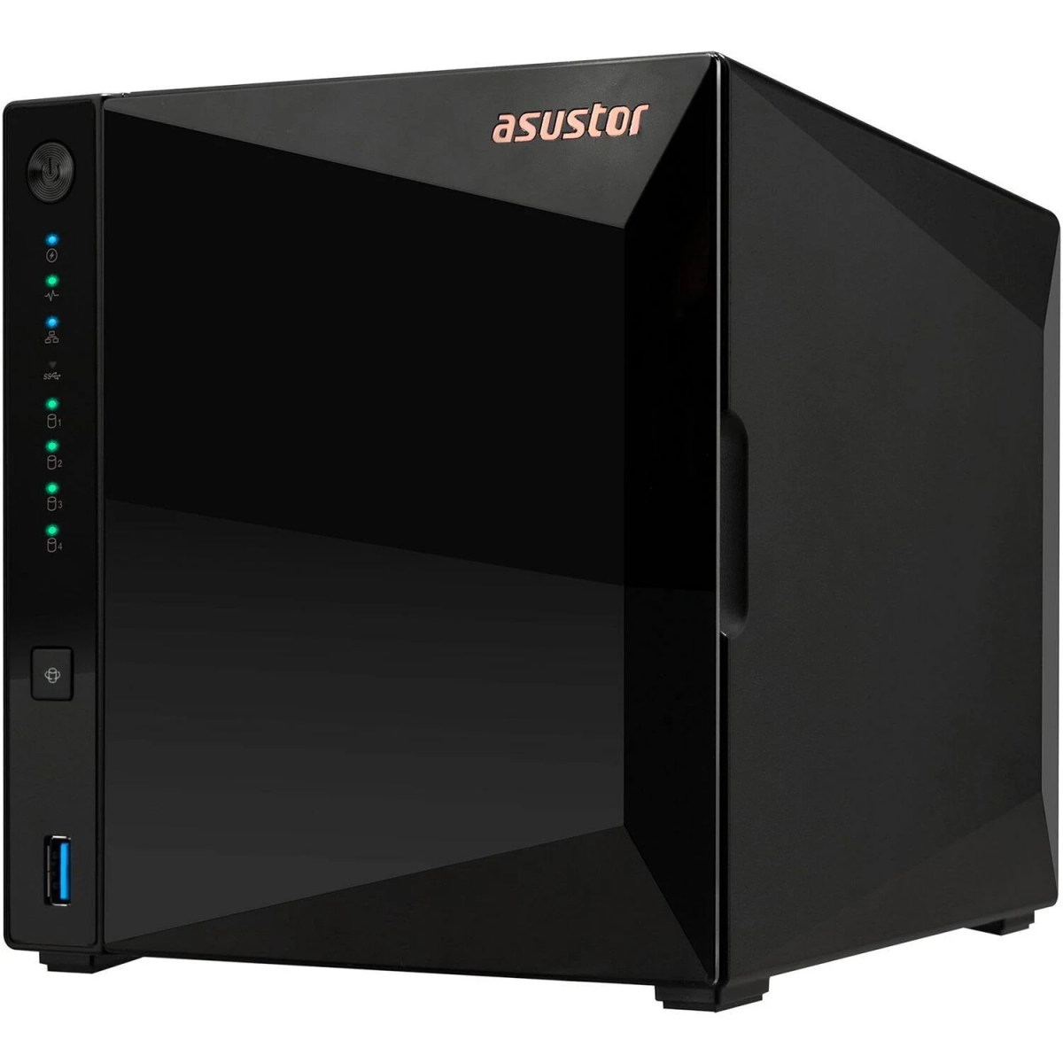 Servidor NAS Asustor negro con frente brillante. Luces de estado y puerto USB al frente.