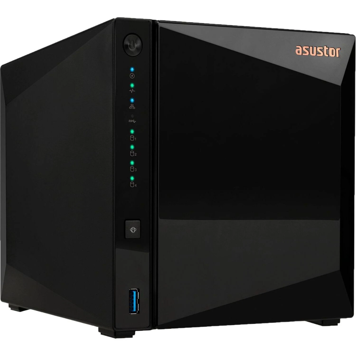 Servidor NAS Asustor negro con frente brillante. Luces de estado y puerto USB al frente.