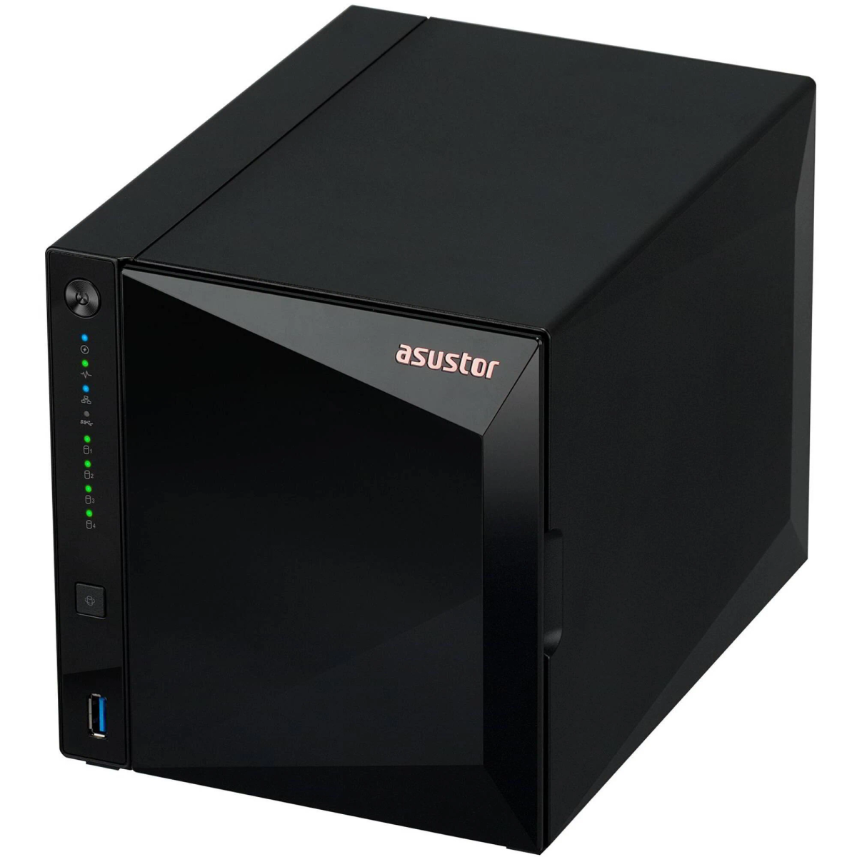 Dispositivo NAS Asustor negro con puerto USB e indicadores LED. El logotipo es visible.