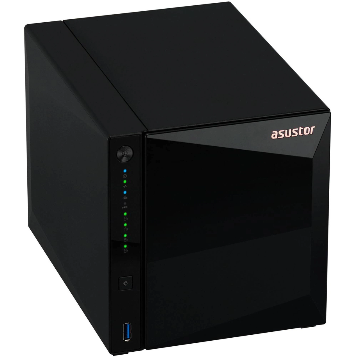 Dispositivo NAS Asustor negro con puerto USB e indicadores LED. El logotipo es visible.
