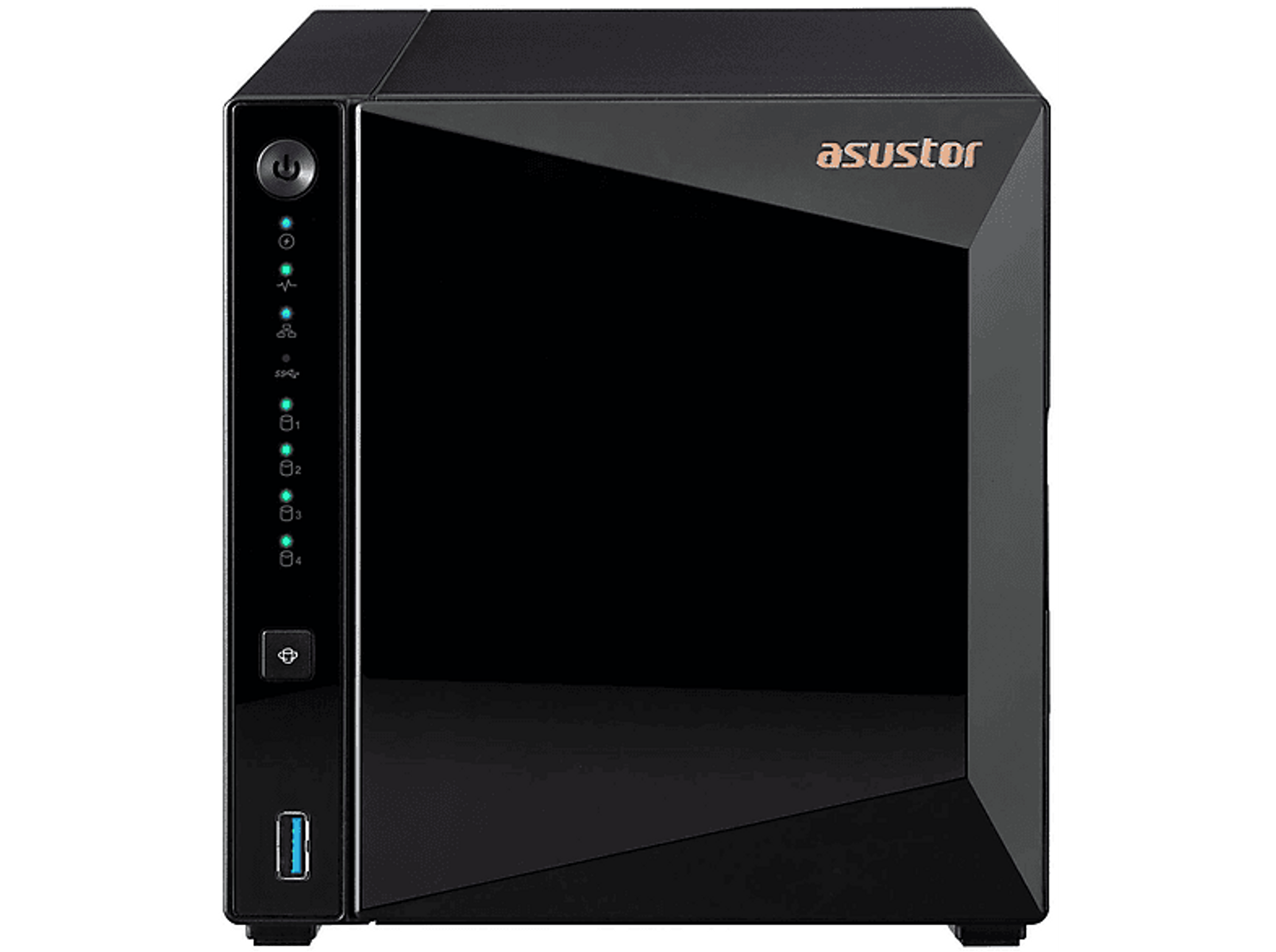 Dispositivo NAS Asustor negro con puerto USB e indicadores LED. El logotipo es visible.