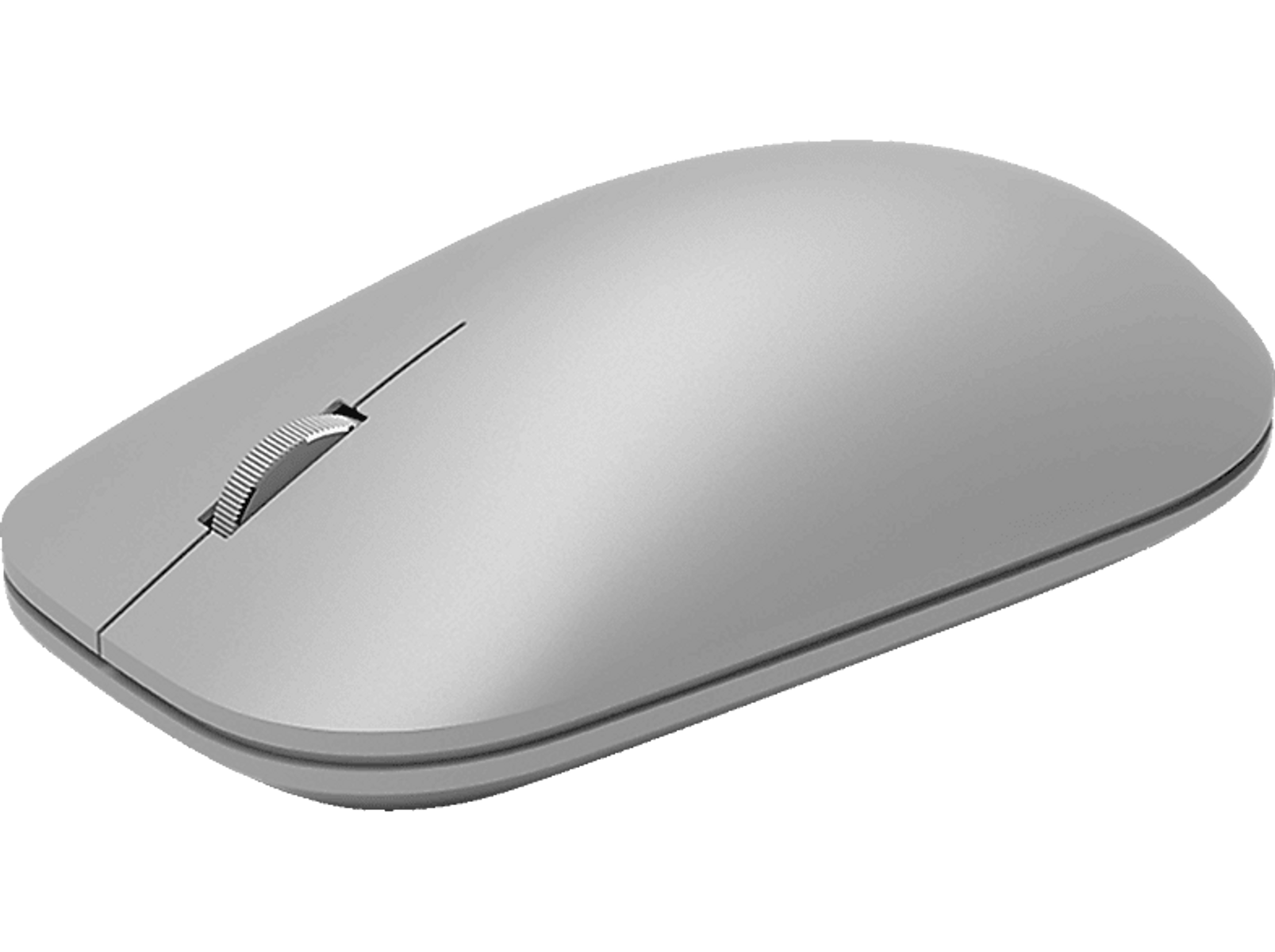 Szara mysz komputerowa z kółkiem przewijania, na czarnym tle.