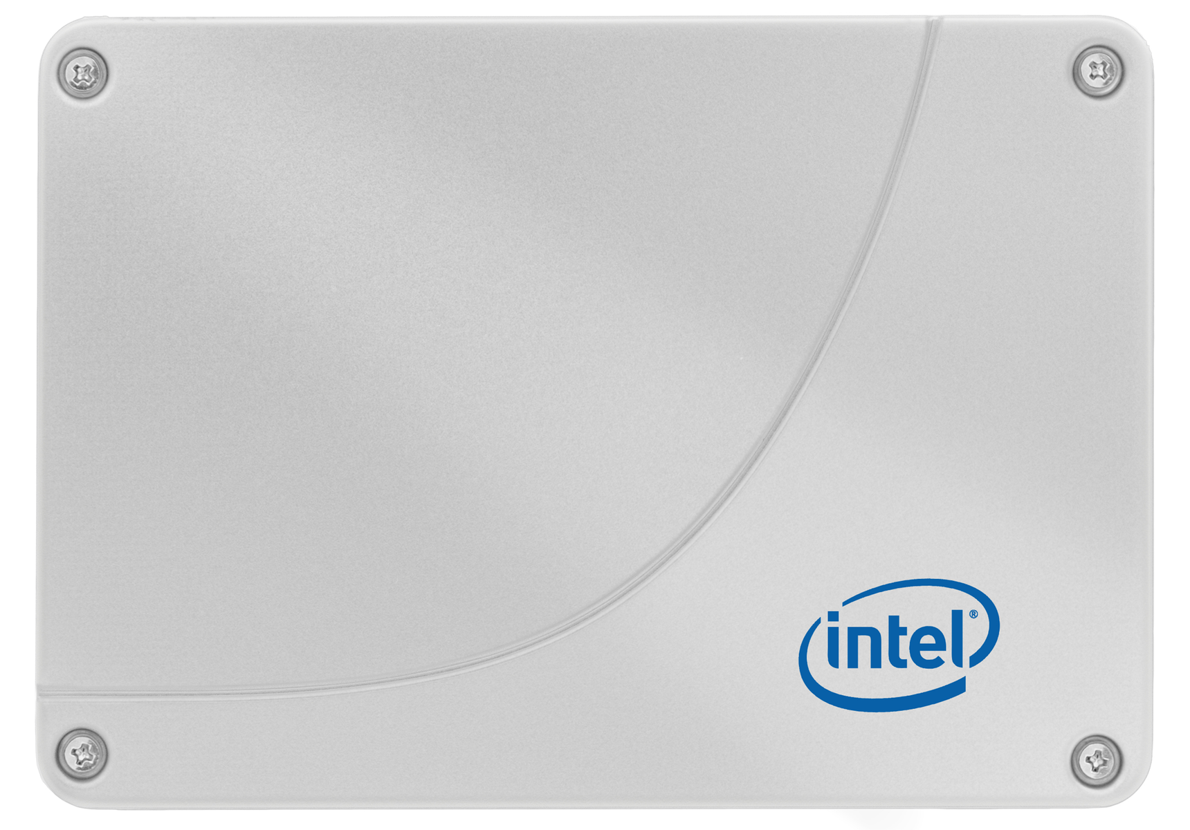 Biały dysk SSD Intel. Logo Intel jest niebieskie. Śruby mocują pokrywę.