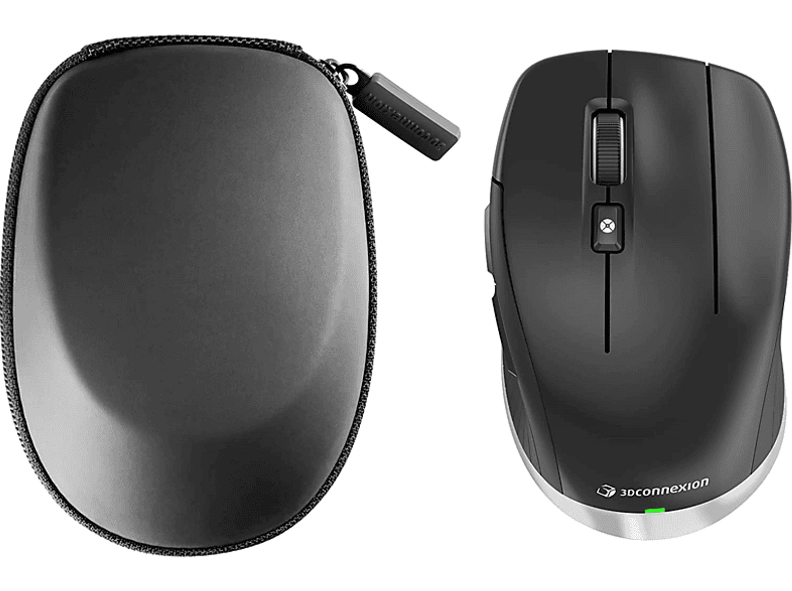 Schwarze Maus und Etui von 3Dconnexion. Die Maus hat ein Scrollrad und Tasten. Das Etui ist mit einem Reißverschluss verschlossen.