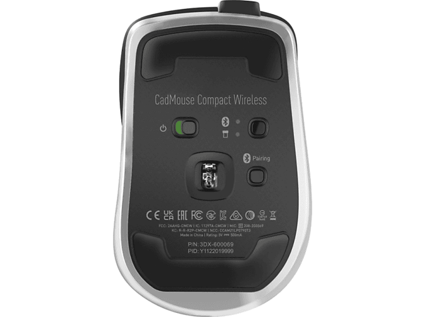 Unterseite einer schwarzen CadMouse Compact Wireless mit Knöpfen und grünem Licht.