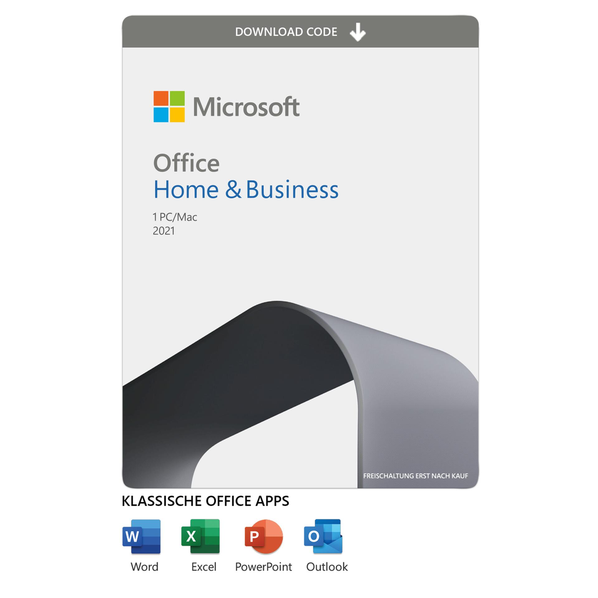 Microsoft Office Home & Business Softwarebox mit Anwendungssymbolen darunter. Download-Code sichtbar.