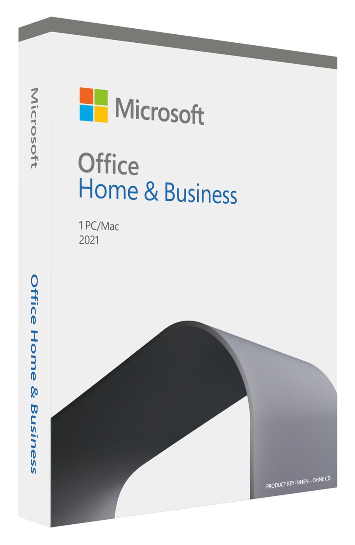 Microsoft Office Home & Business 2021 Box. Weiße Box mit Text und Microsoft-Logo.