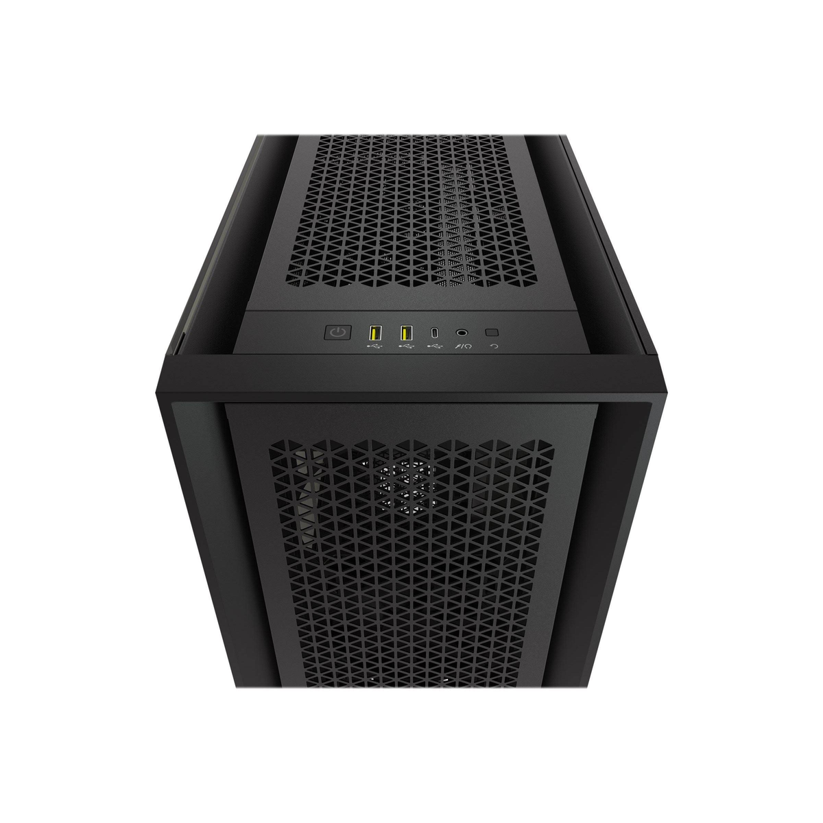 Caja de ordenador negra con frontal y parte superior de malla, fondo blanco.