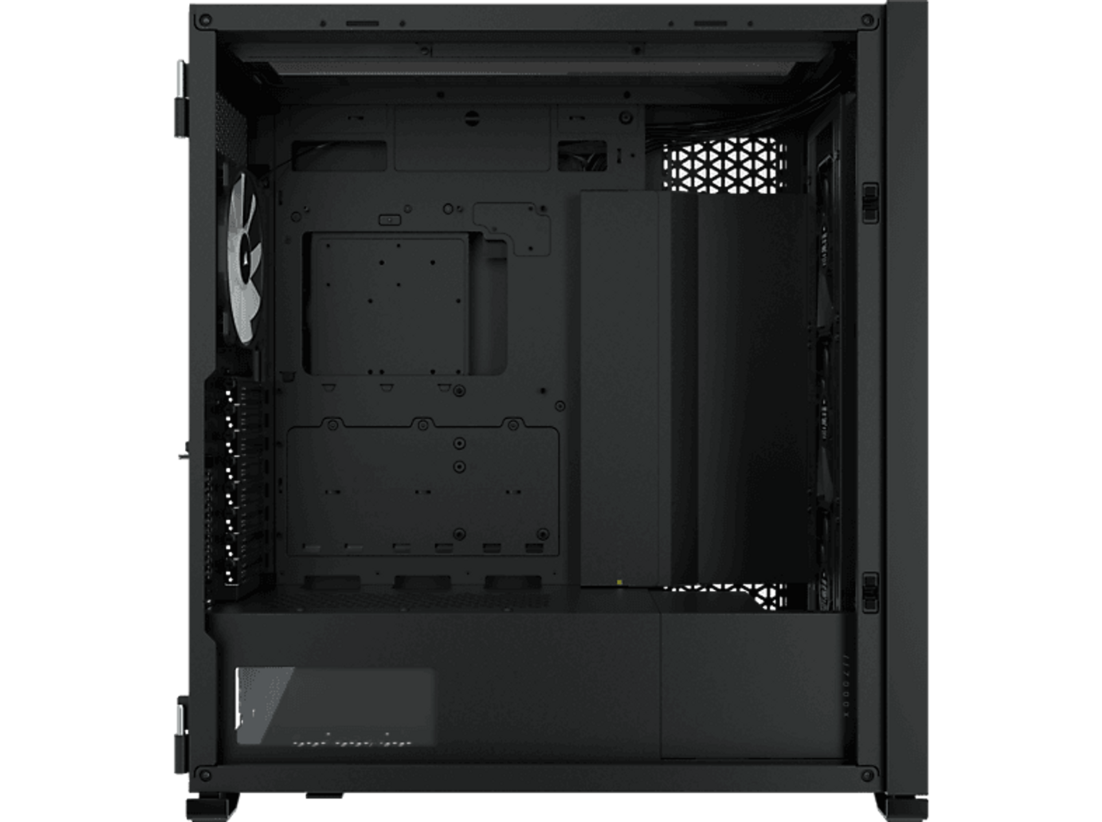 Wnętrze czarnej obudowy komputera z komponentami, widoczne przez szklany panel boczny.