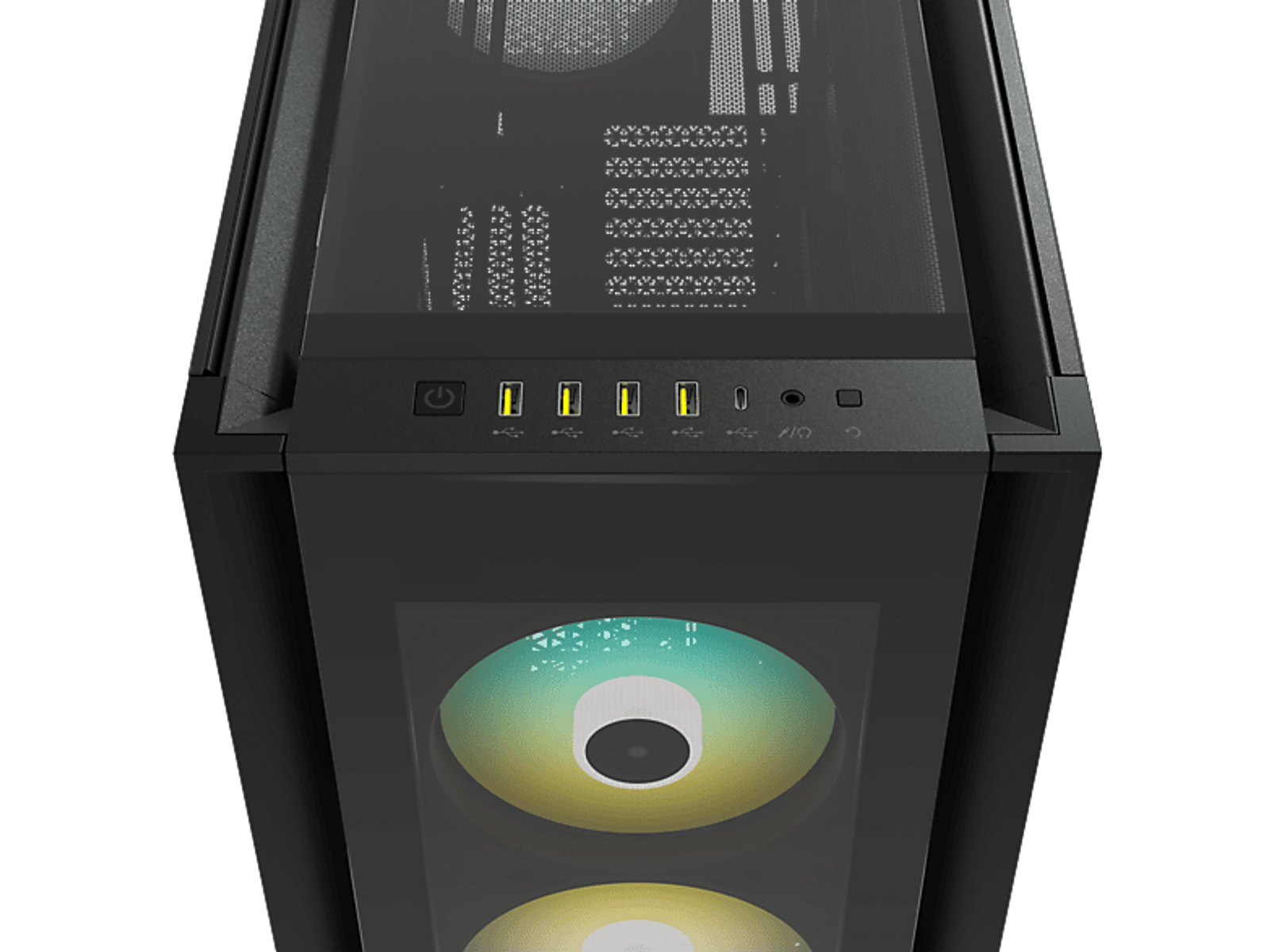 Czarna obudowa komputera z wentylatorami RGB widocznymi przez przedni szklany panel.