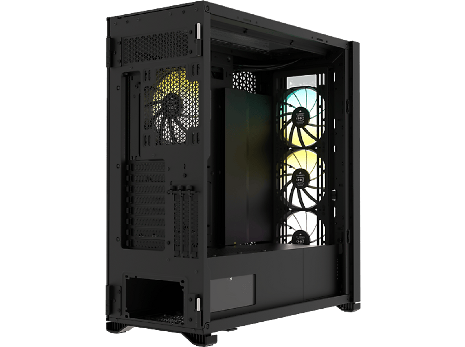 Czarna obudowa komputera z wentylatorami i widocznymi komponentami.