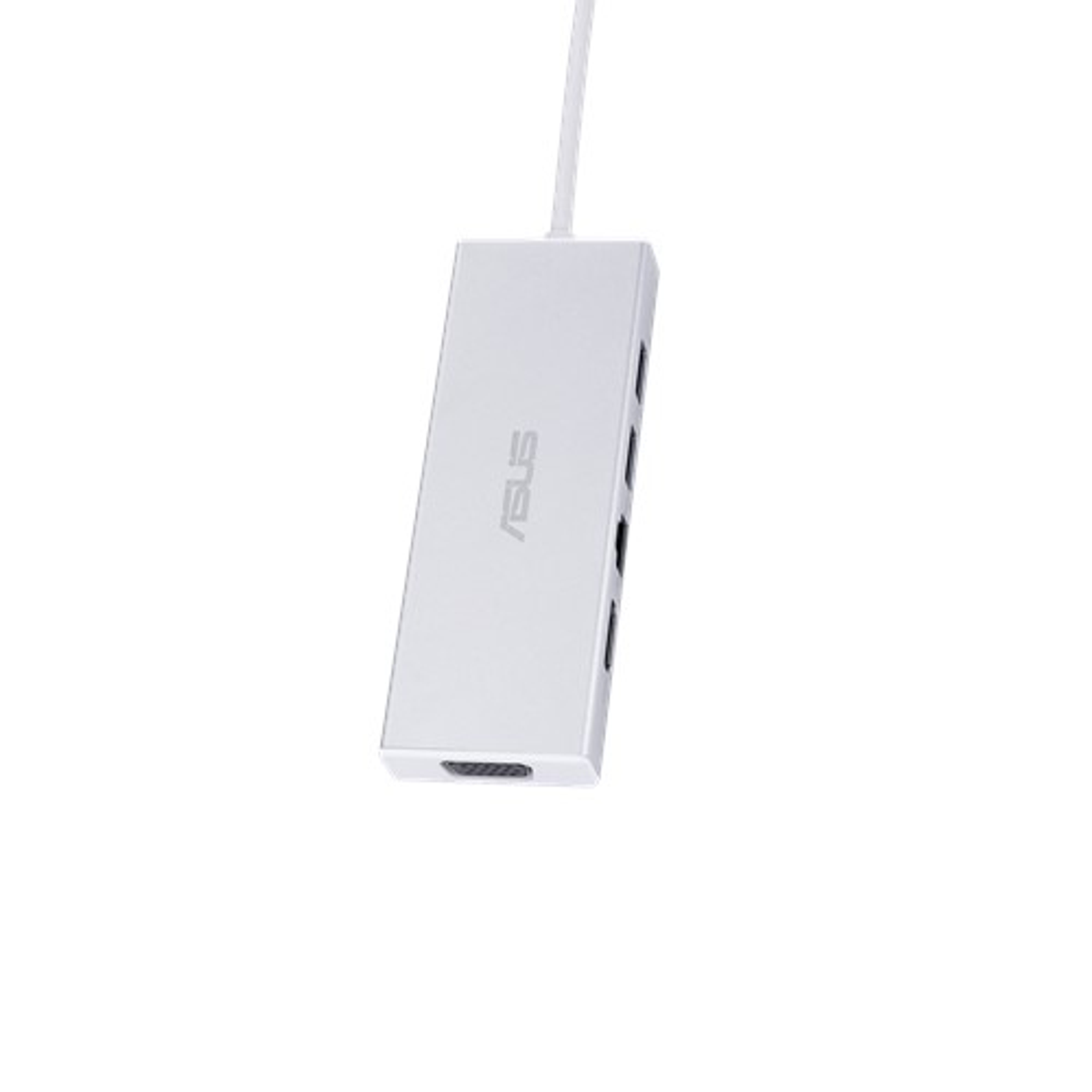 Un hub USB-C ASUS bianco con più porte, appeso su sfondo bianco.