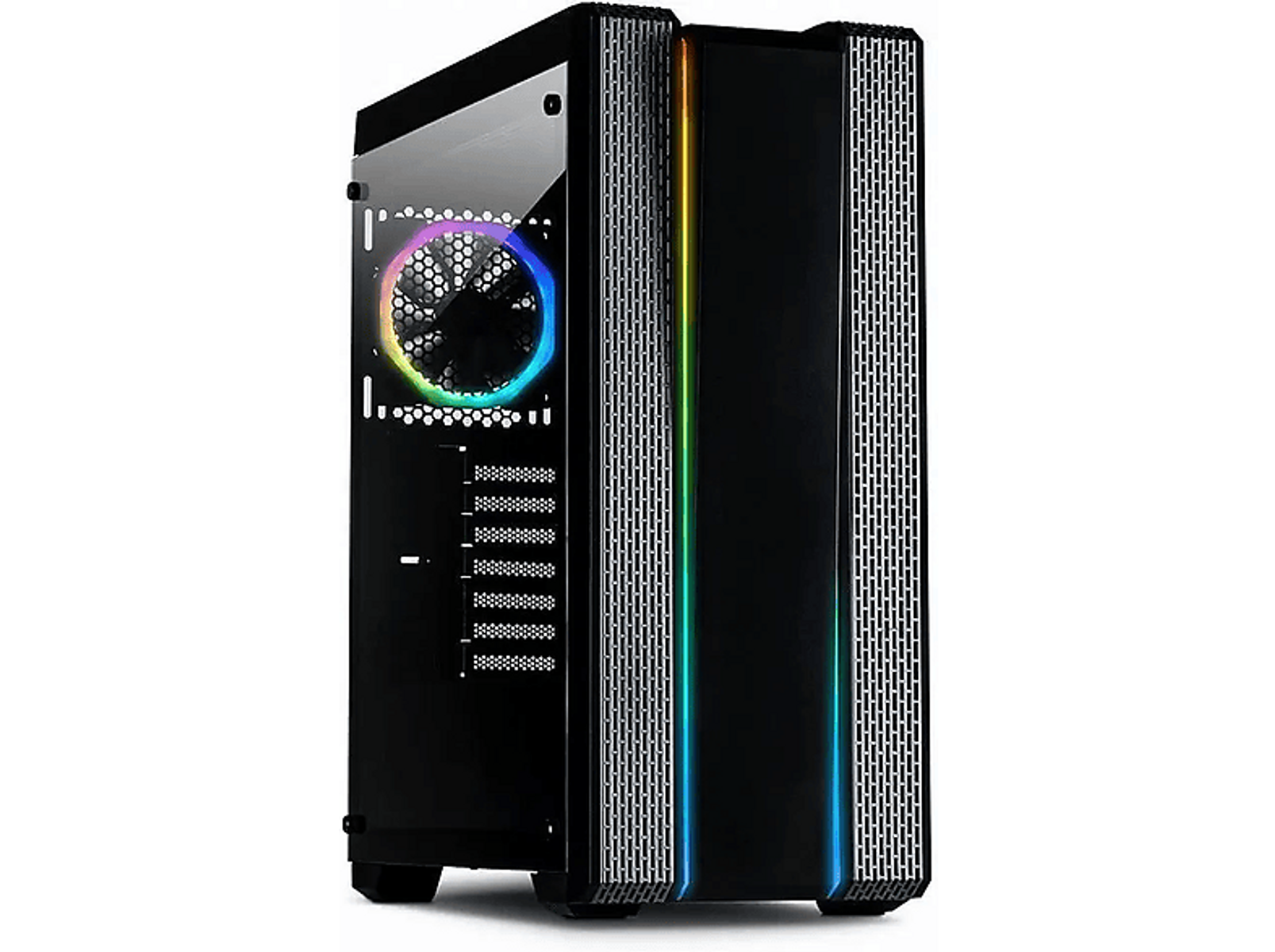 Czarna obudowa komputera ze szklanym panelem bocznym, podświetlana światłami RGB. Przód ma siatkowy design.