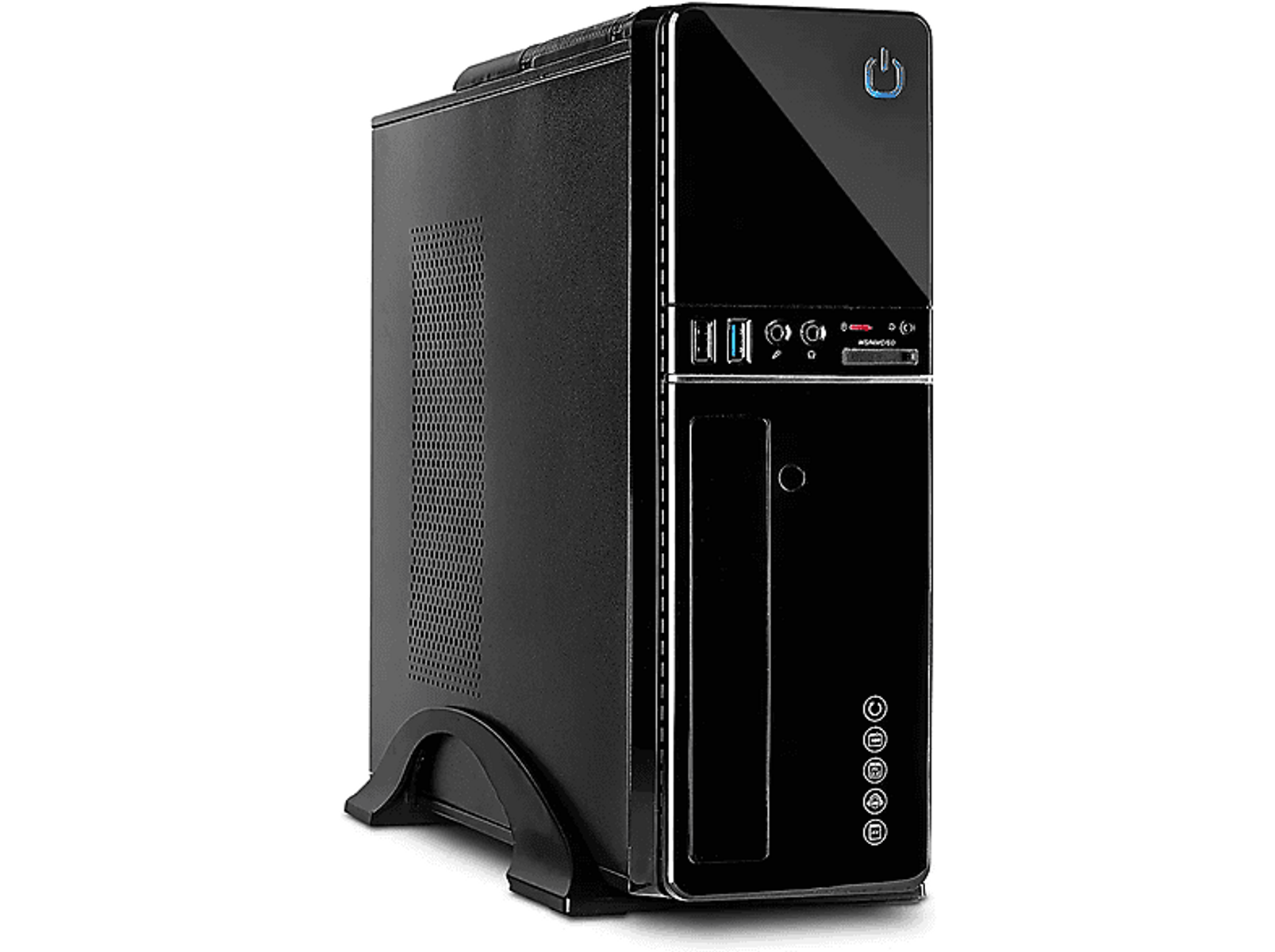 Czarna obudowa komputera z eleganckim designem, portami z przodu i przyciskiem zasilania.