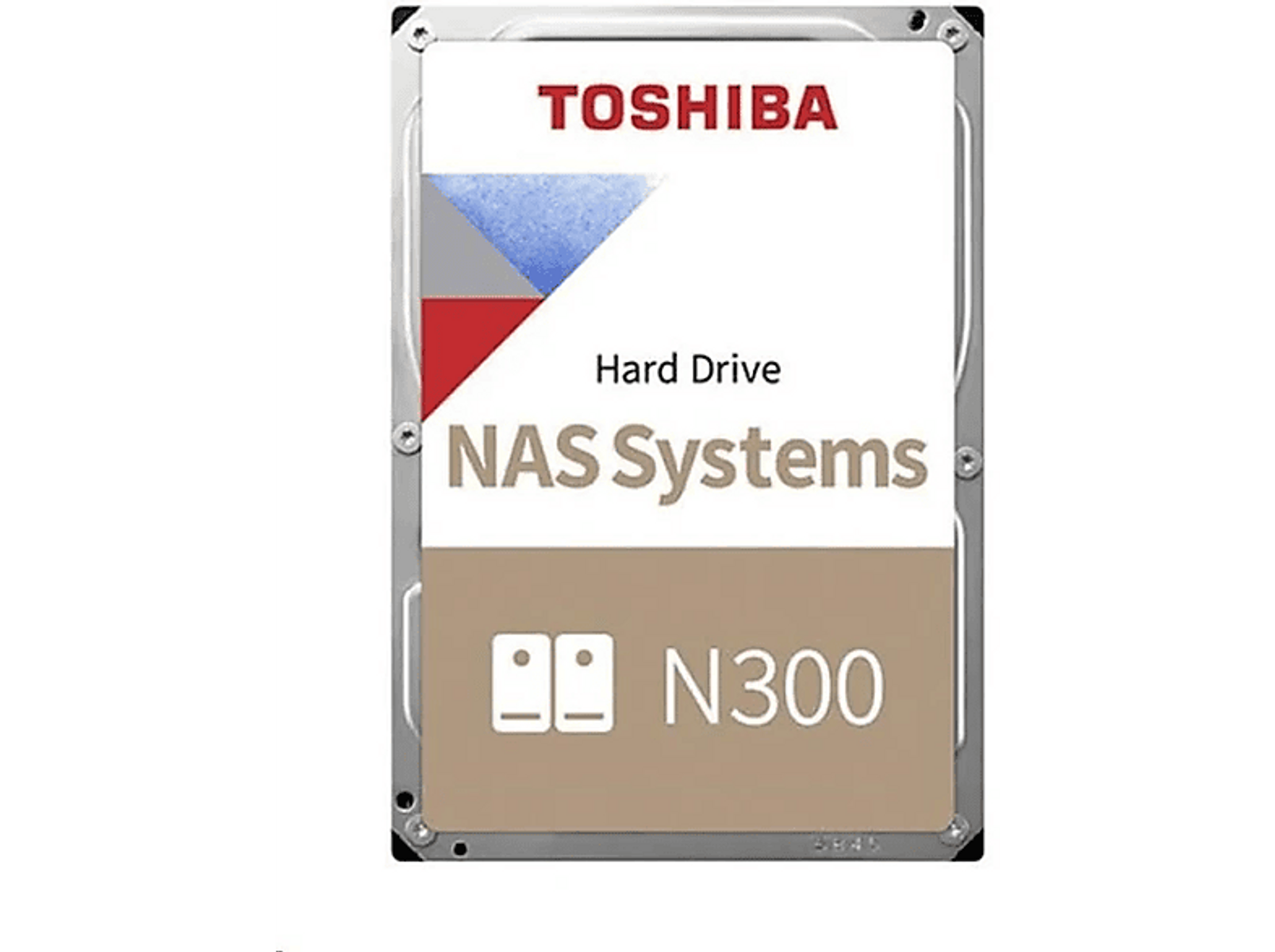 A hard drive with a Toshiba label. The label has text, including 'NAS Systems'.