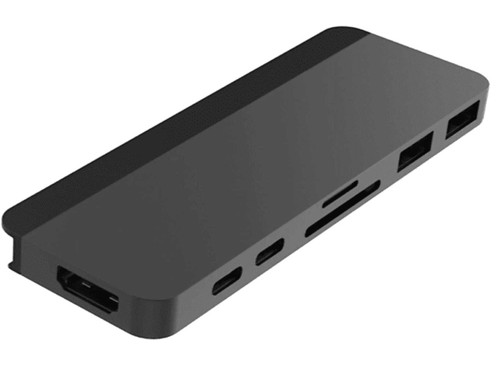 Ein schwarzer Hub mit Anschlüssen für HDMI, USB und andere Verbindungen, auf weißem Hintergrund.