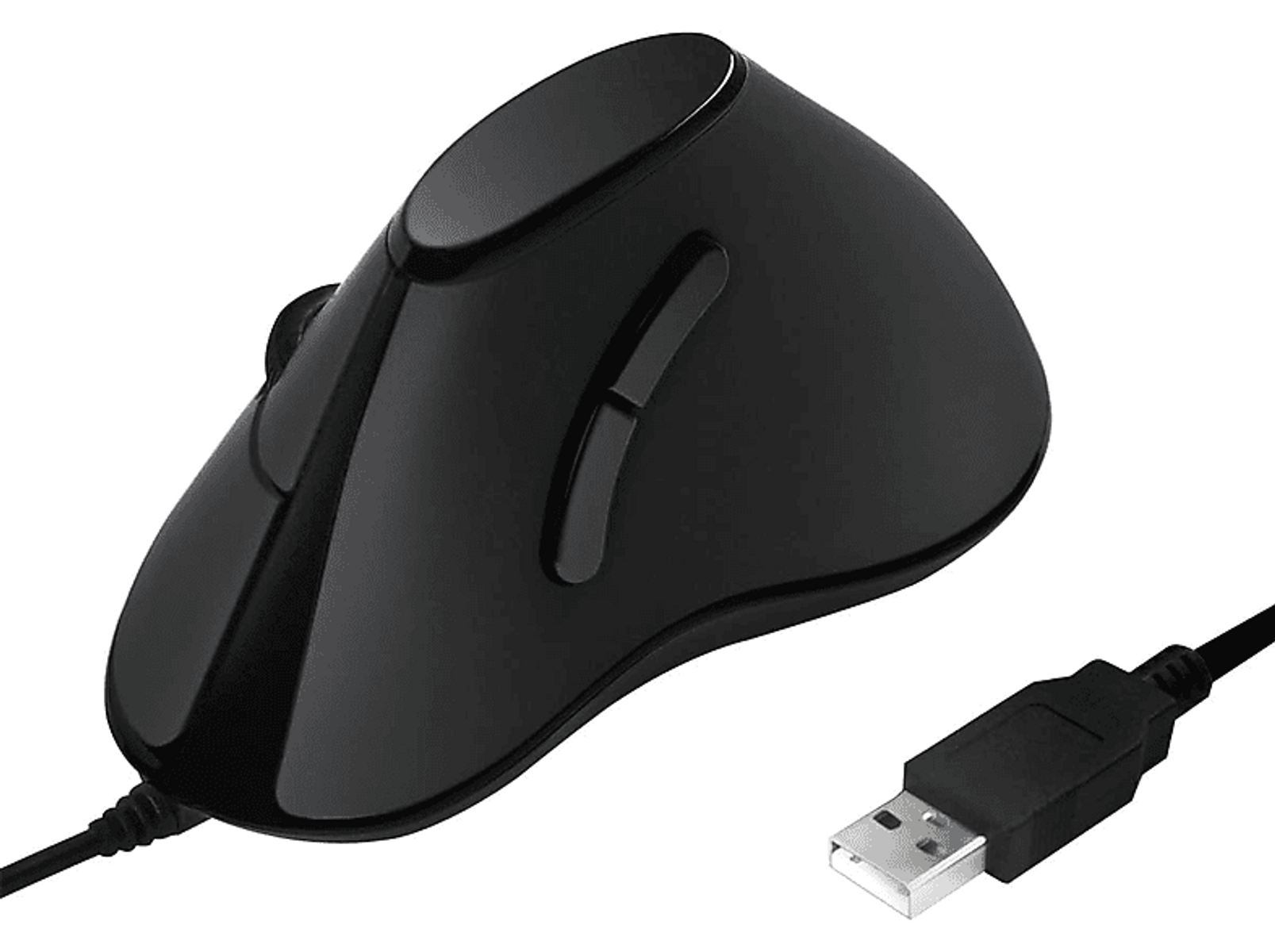 Czarna mysz ergonomiczna z bocznymi przyciskami. Widoczny kabel USB. Białe tło.