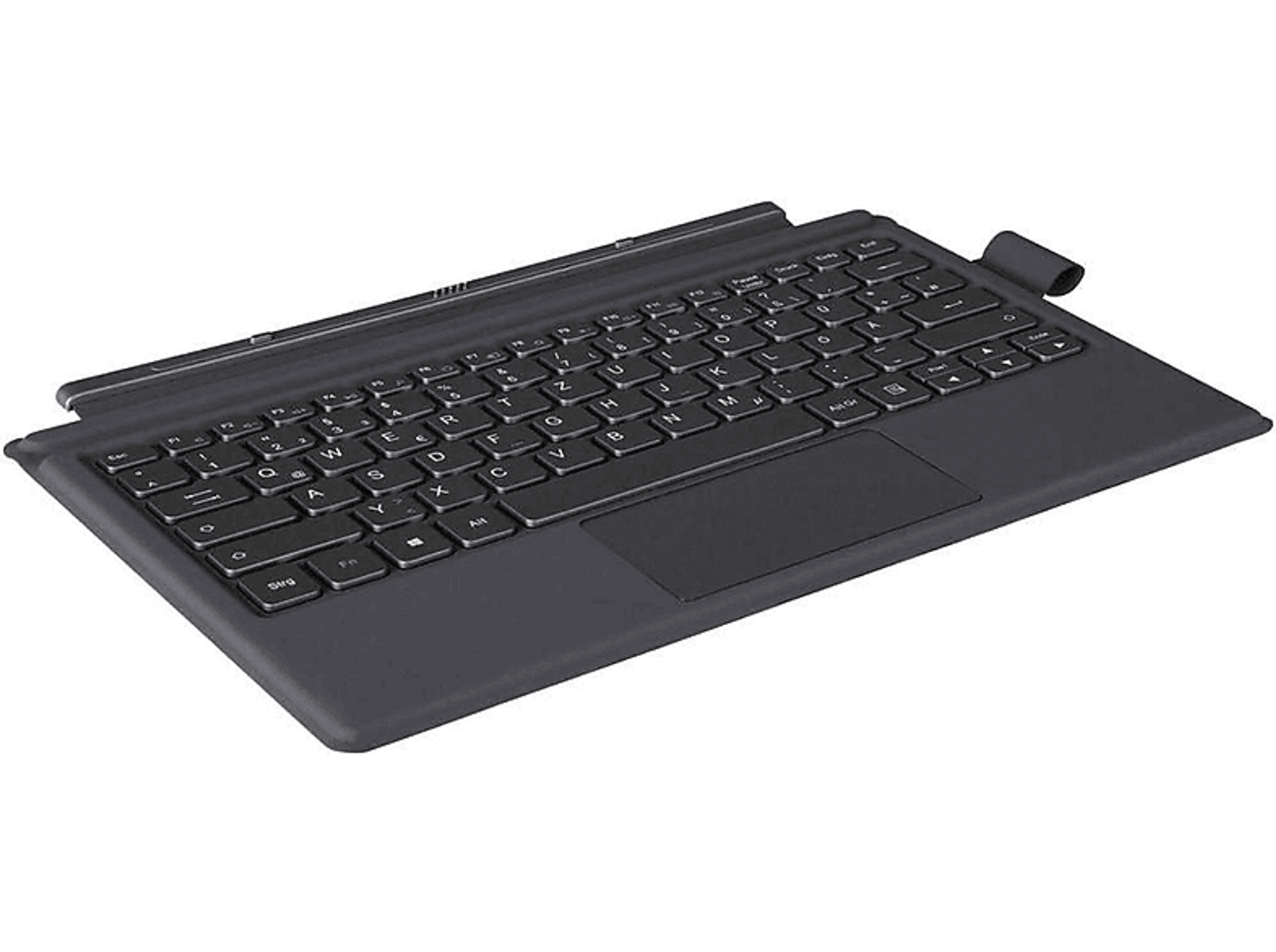 Schwarze Tastatur mit Touchpad. Die Tasten sind weiß mit Buchstaben. Die Tastatur liegt auf schwarzem Grund.