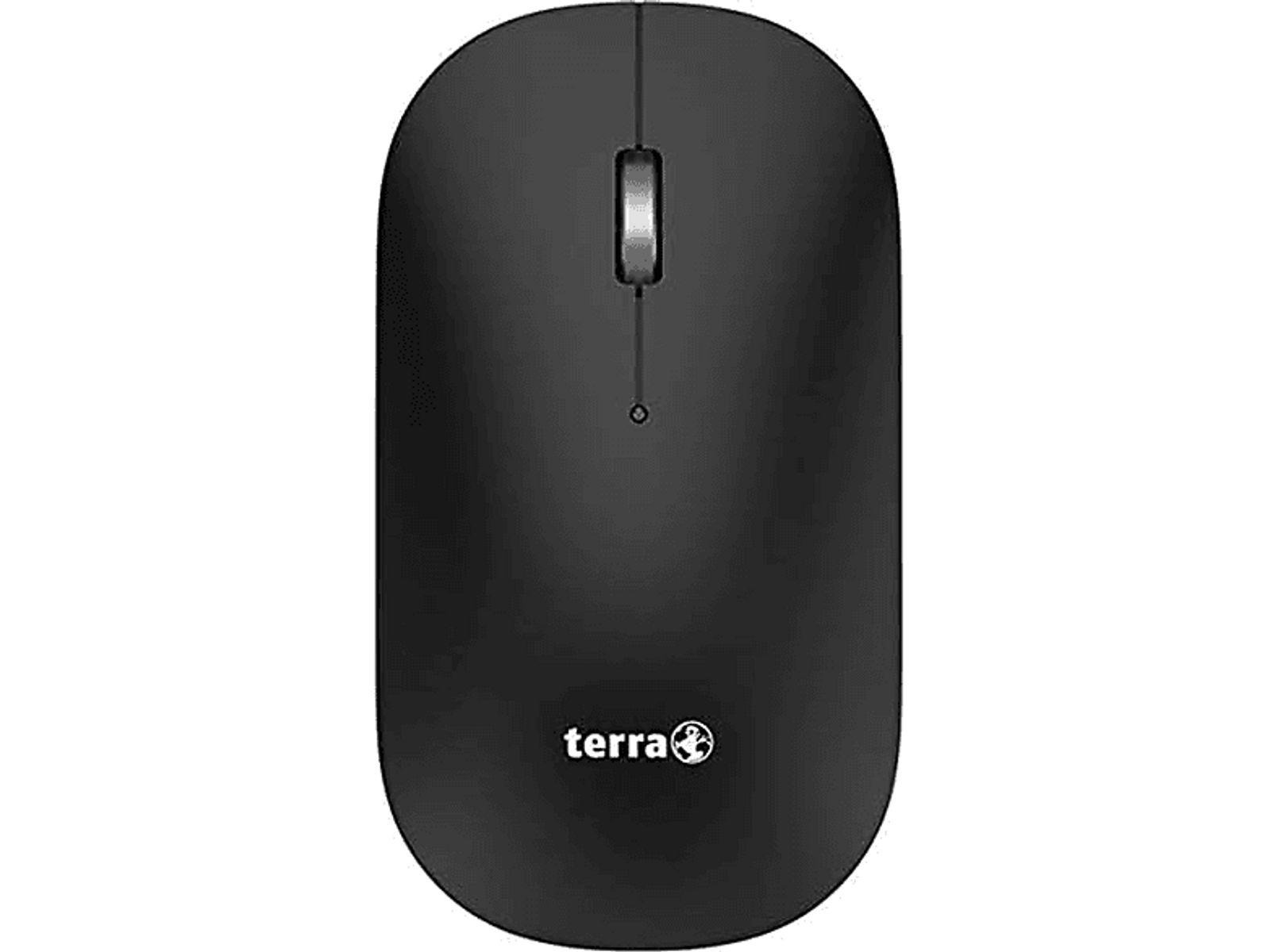 Schwarze Terra-Maus. Hat ein Scrollrad und das Terra-Logo. Schwarzer Hintergrund.