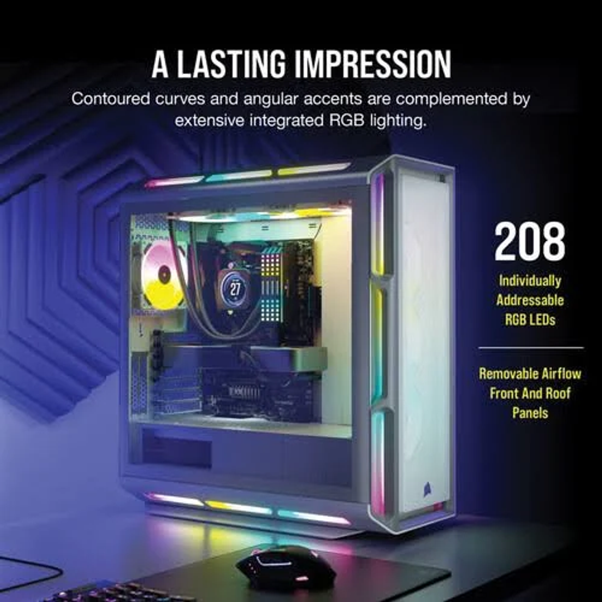 Obudowa komputera z oświetleniem RGB, komponenty, czarne tło.