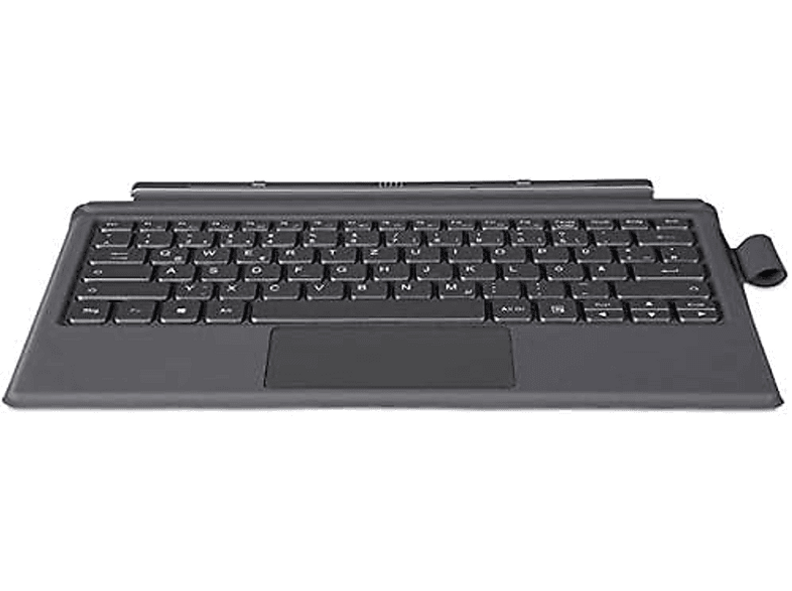 Dunkelgraue Tastatur mit Tasten und einem Touchpad. Sie hat einen schwarzen Rahmen und liegt auf einer Oberfläche.