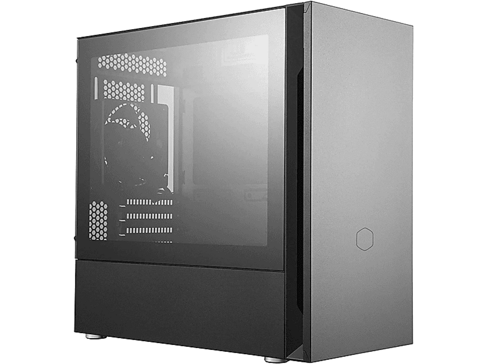Case per computer scuro con pannello laterale in vetro, che mostra i componenti interni.