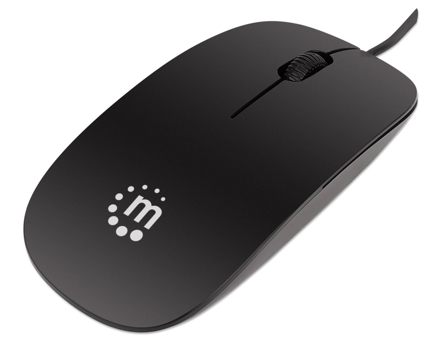 Mouse per computer nero con cavo. Il mouse ha una rotella e la lettera "m".