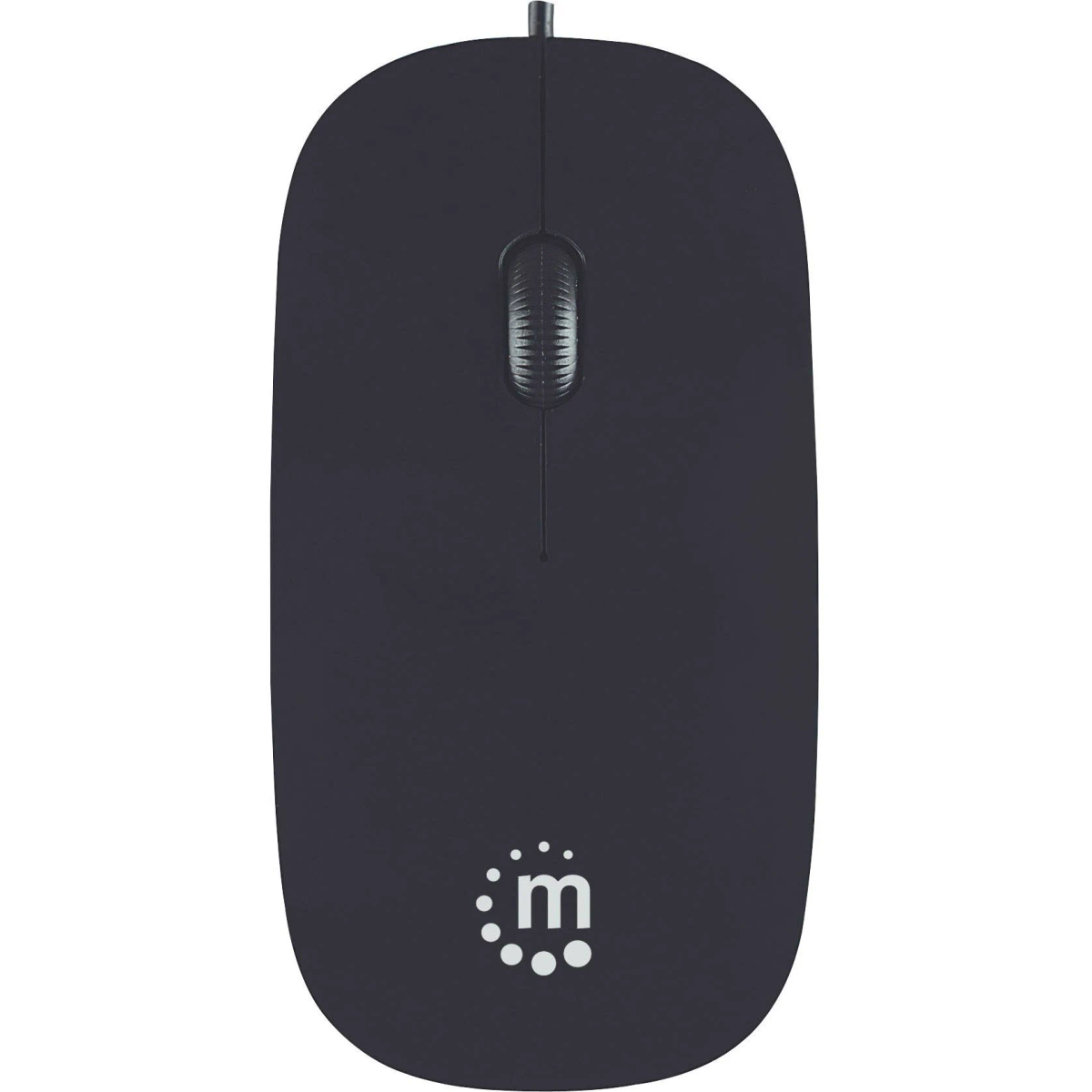 Mouse per computer nero con cavo. Ha una rotella di scorrimento e un logo.