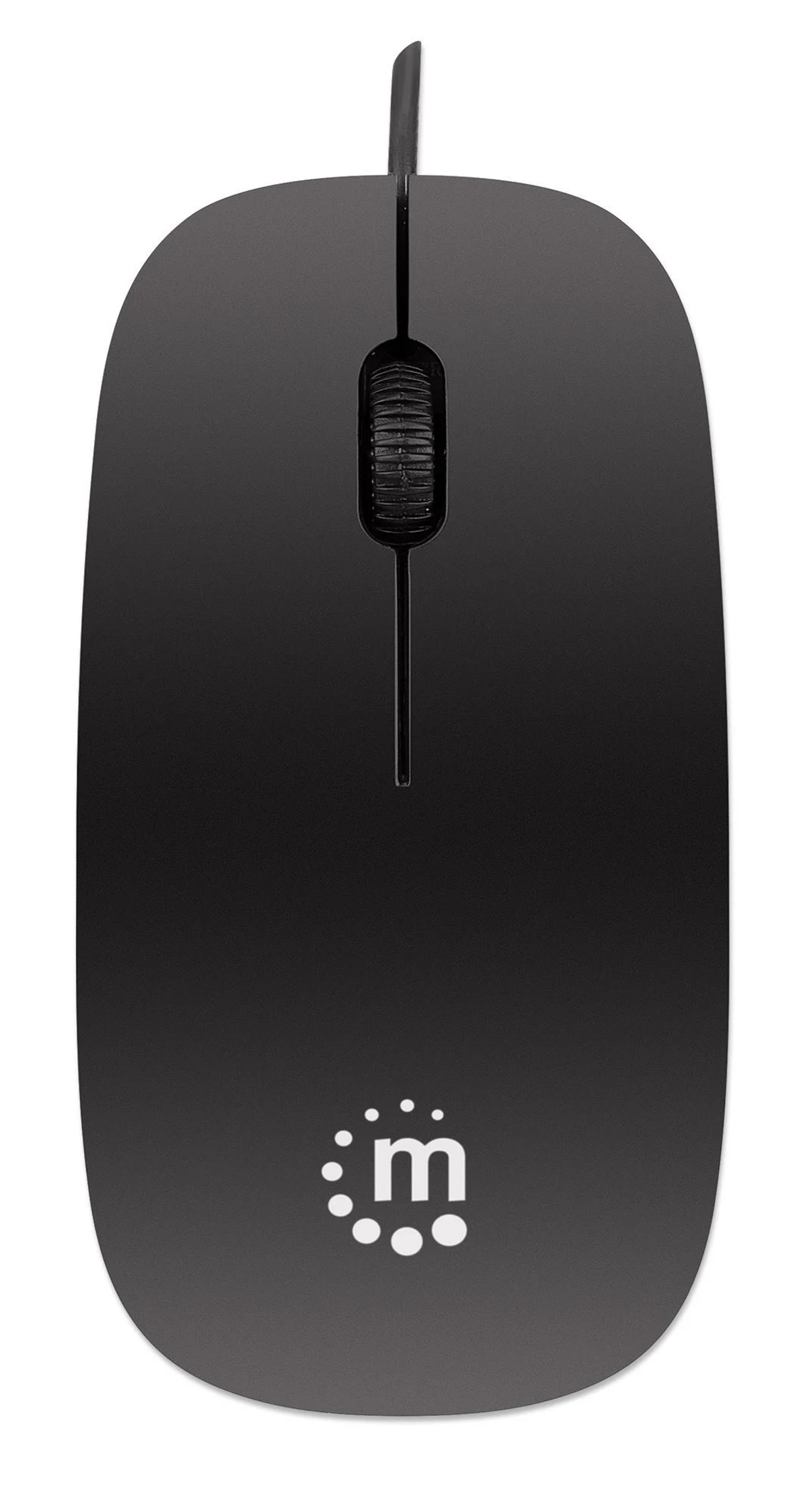 Mouse nero. Ha una rotellina e un logo. Sfondo bianco.