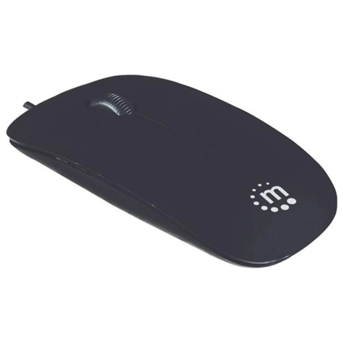 Un mouse per computer nero con rotella di scorrimento e un logo sul lato destro.