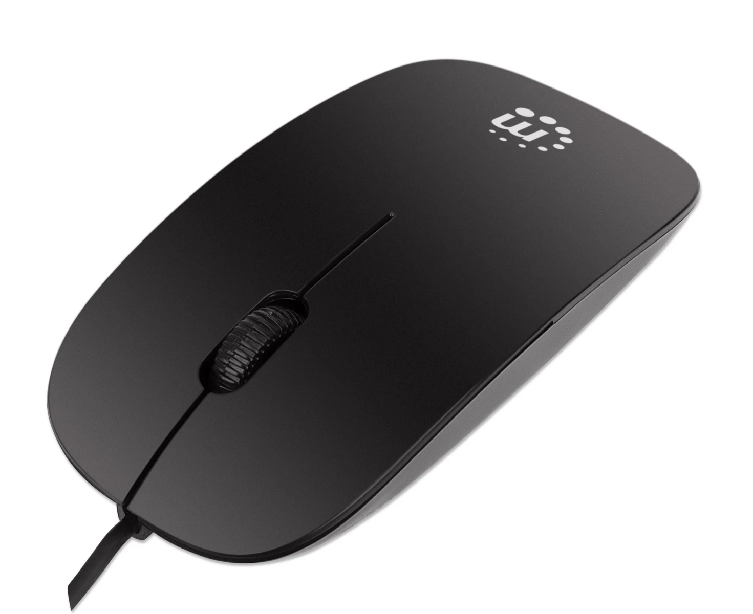 Mouse nero con rotella, su sfondo bianco.