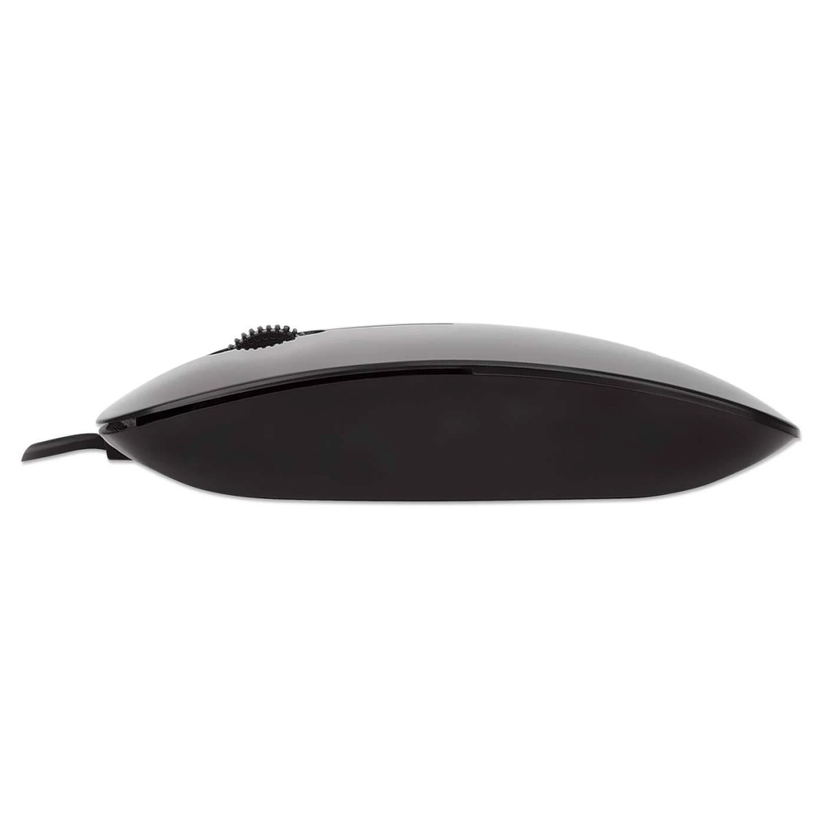 Un mouse wireless nero, elegante e curvo, su una superficie bianca, vista laterale.