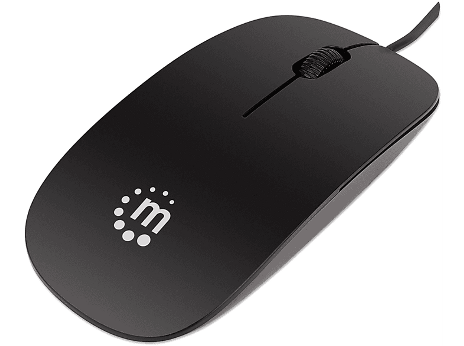 Mouse per computer nero con cavo e logo.